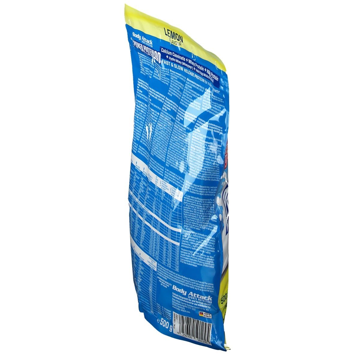 Seitenansicht des Beutels Body Attack Power Protein 90, Zitrone. Haupttext: Power Protein 90. 500g.