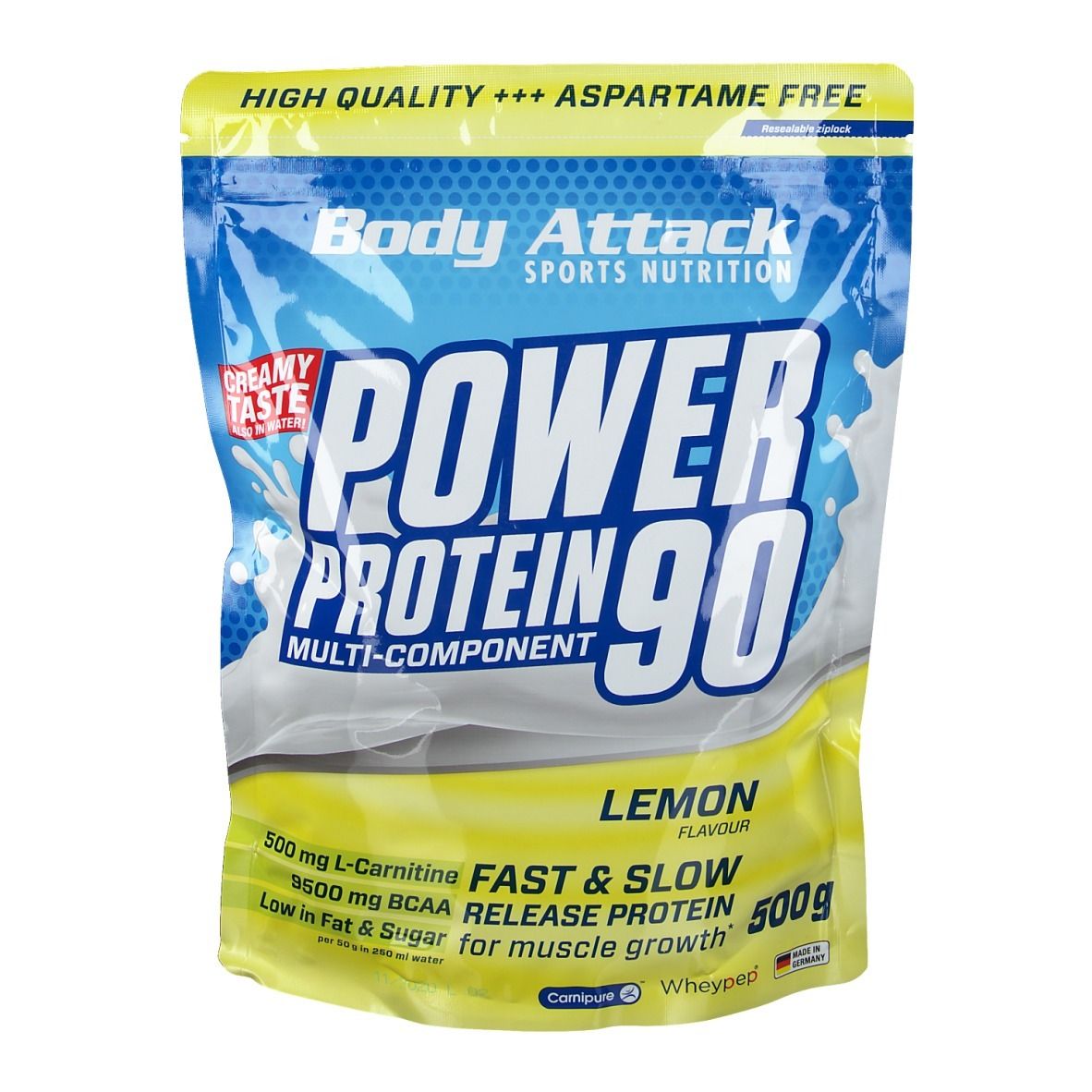 Beutel Body Attack Power Protein 90, Zitrone. Haupttext: Power Protein 90. Enthält L-Carnitin, BCAA und Fast & Slow Release Protein. 500g.