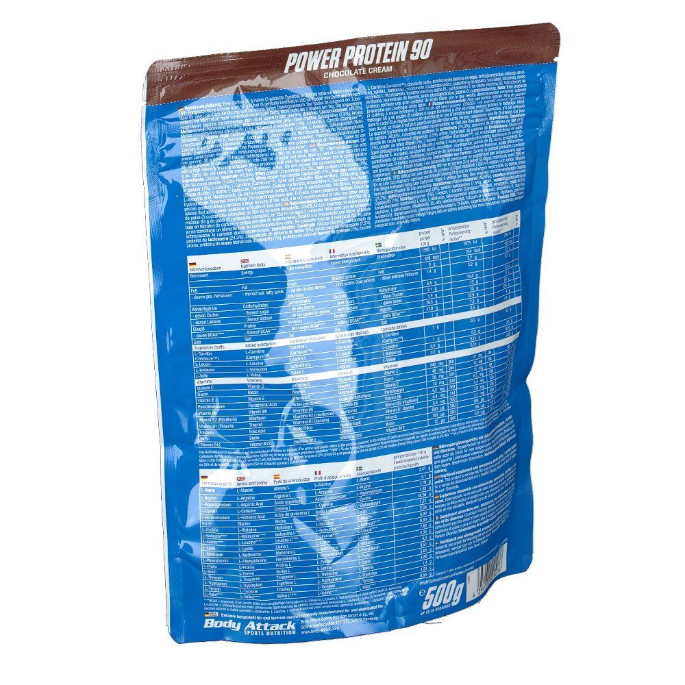 Rückseite des Beutels mit Body Attack Power Protein 90. Enthält Tabellen mit Nährwertinformationen und Text in verschiedenen Sprachen. 500g.