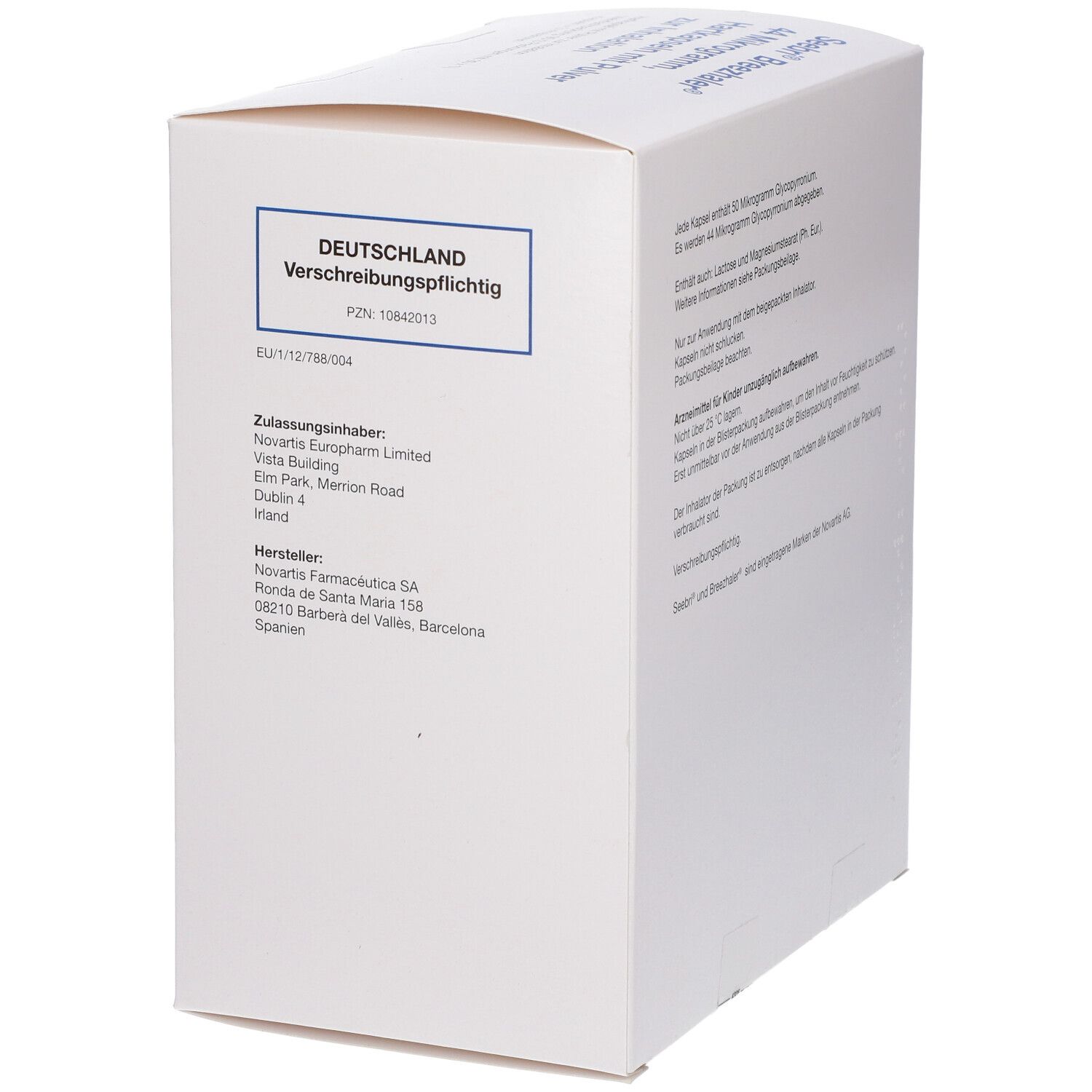 Detailansicht der Verpackung von Seebri Breezhaler 44 Mikrogramm, mit Zulassungsinformationen.
