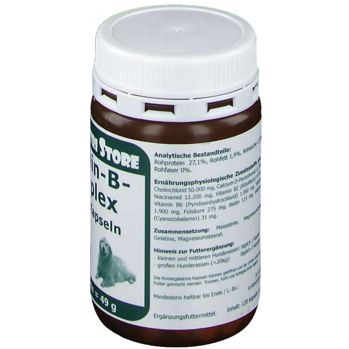 Braune Dose mit weißem Deckel. Aufschrift: Vitamin-B-Komplex Hunde-Kapseln. Rückseite mit Inhaltsangaben.