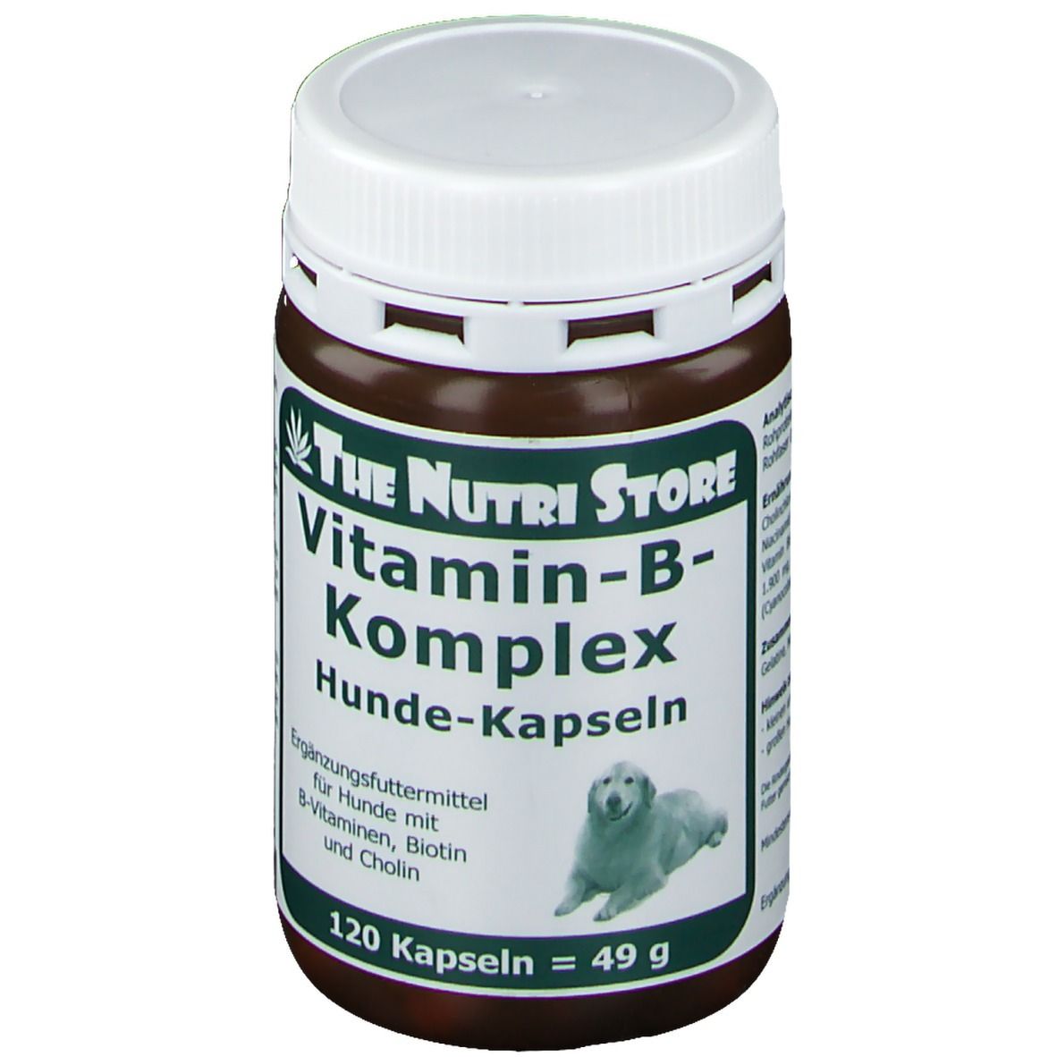 Braune Dose mit weißem Deckel. Aufschrift: Vitamin-B-Komplex Hunde-Kapseln. Vorderseite mit Produktinformationen.