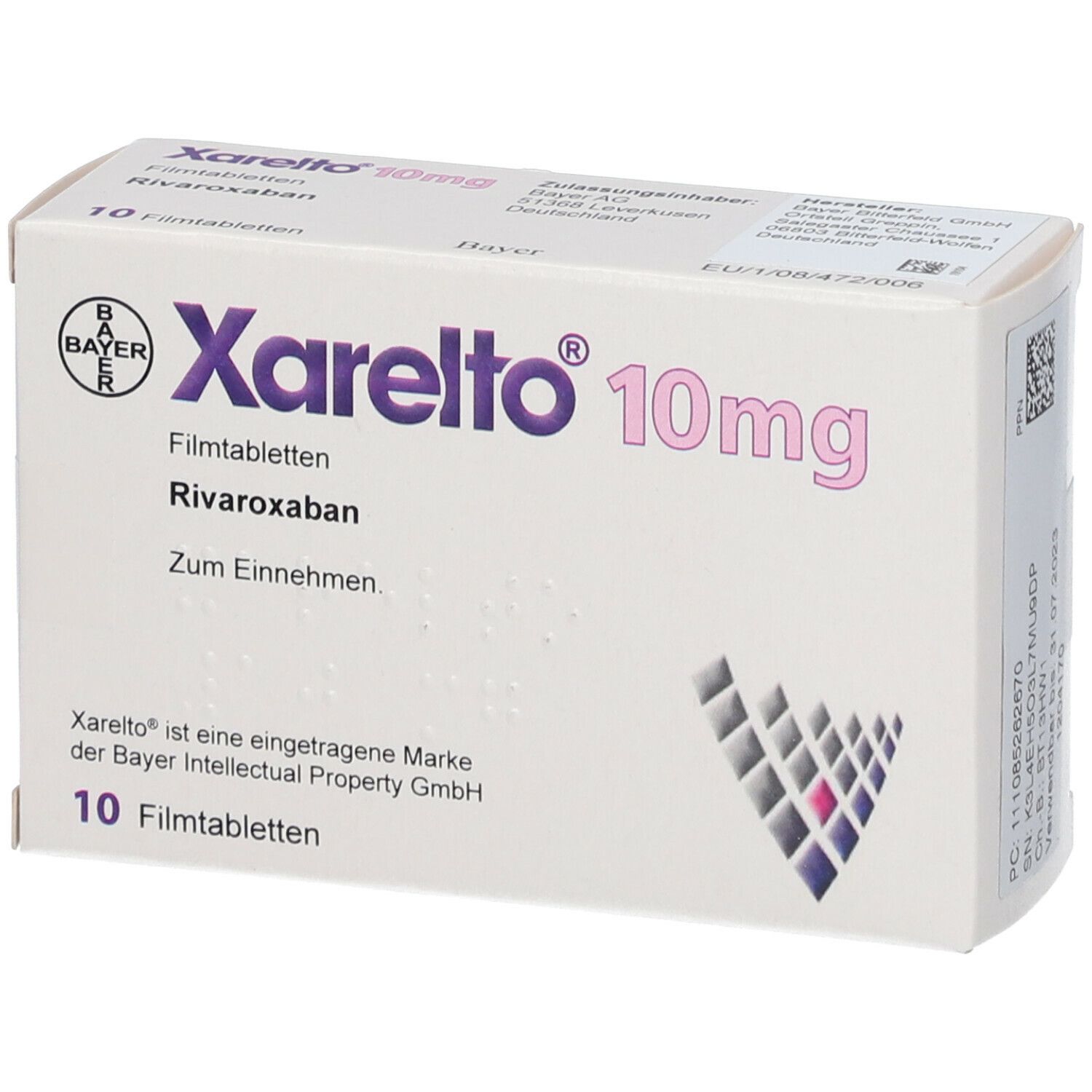 Schachtel Xarelto 10mg. Aufschrift: Xarelto 10mg, Filmtabletten, Rivaroxaban, Zum Einnehmen. 10 Filmtabletten. Bayer-Logo.