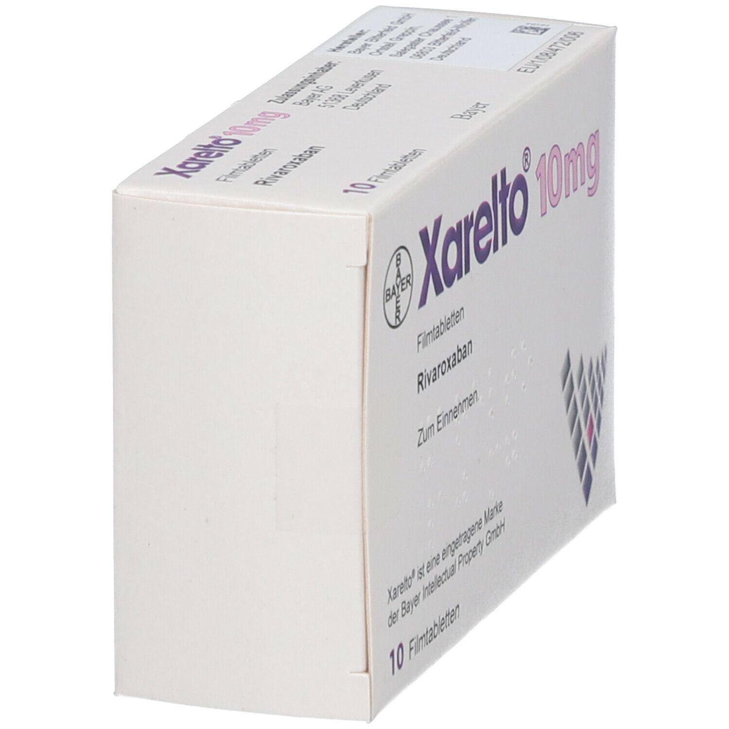 Schachtel Xarelto 10mg, schräg. Aufschrift: Xarelto 10mg, Filmtabletten, Rivaroxaban, Zum Einnehmen. 10 Filmtabletten. Bayer-Logo.
