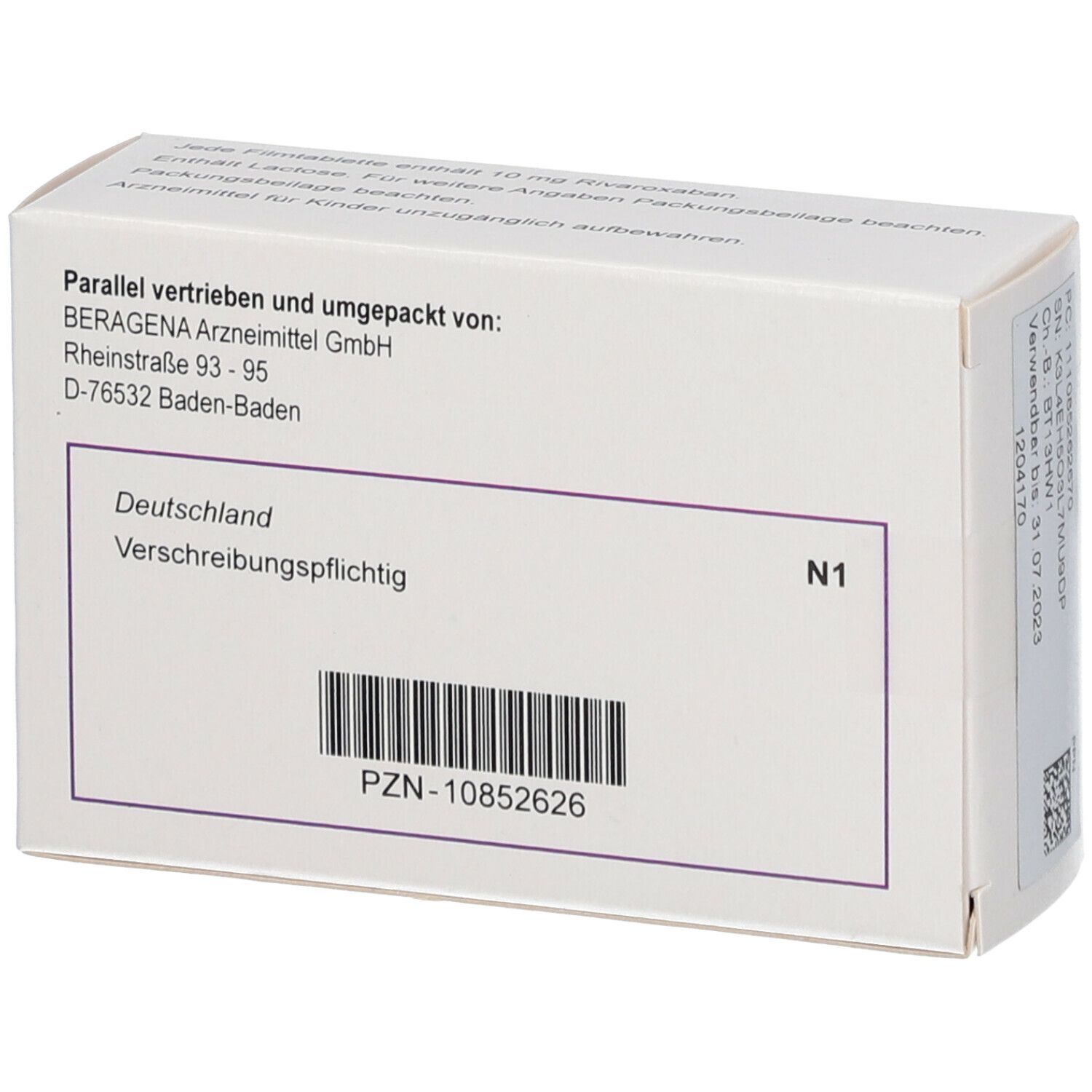 Rückseite der Xarelto 10mg Schachtel. Aufschrift: Deutschland, Verschreibungspflichtig, PZN-10852626. Barcode und weitere Informationen.
