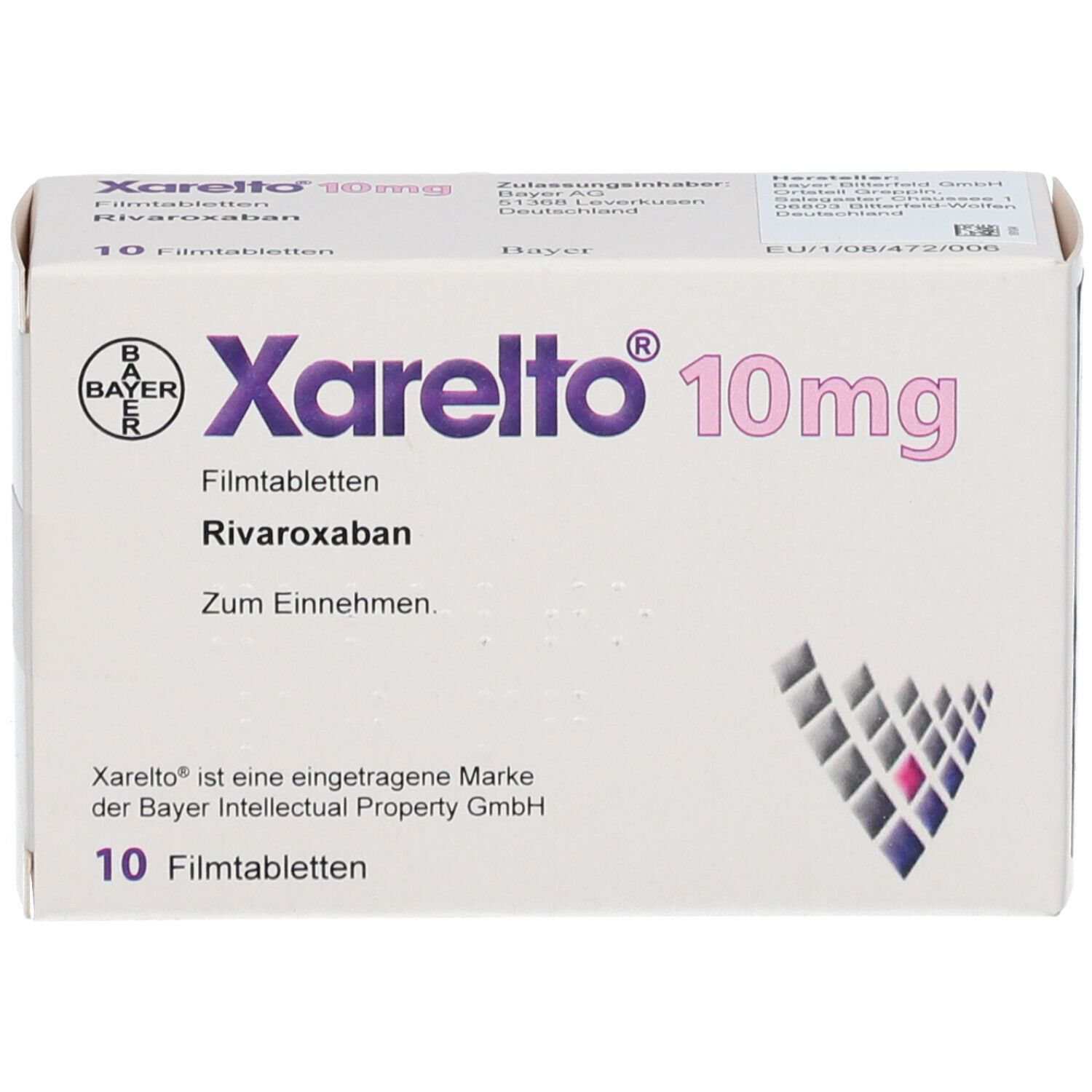Schachtel Xarelto 10mg. Aufschrift: Xarelto 10mg, Filmtabletten, Rivaroxaban, Zum Einnehmen. 10 Filmtabletten. Bayer-Logo.