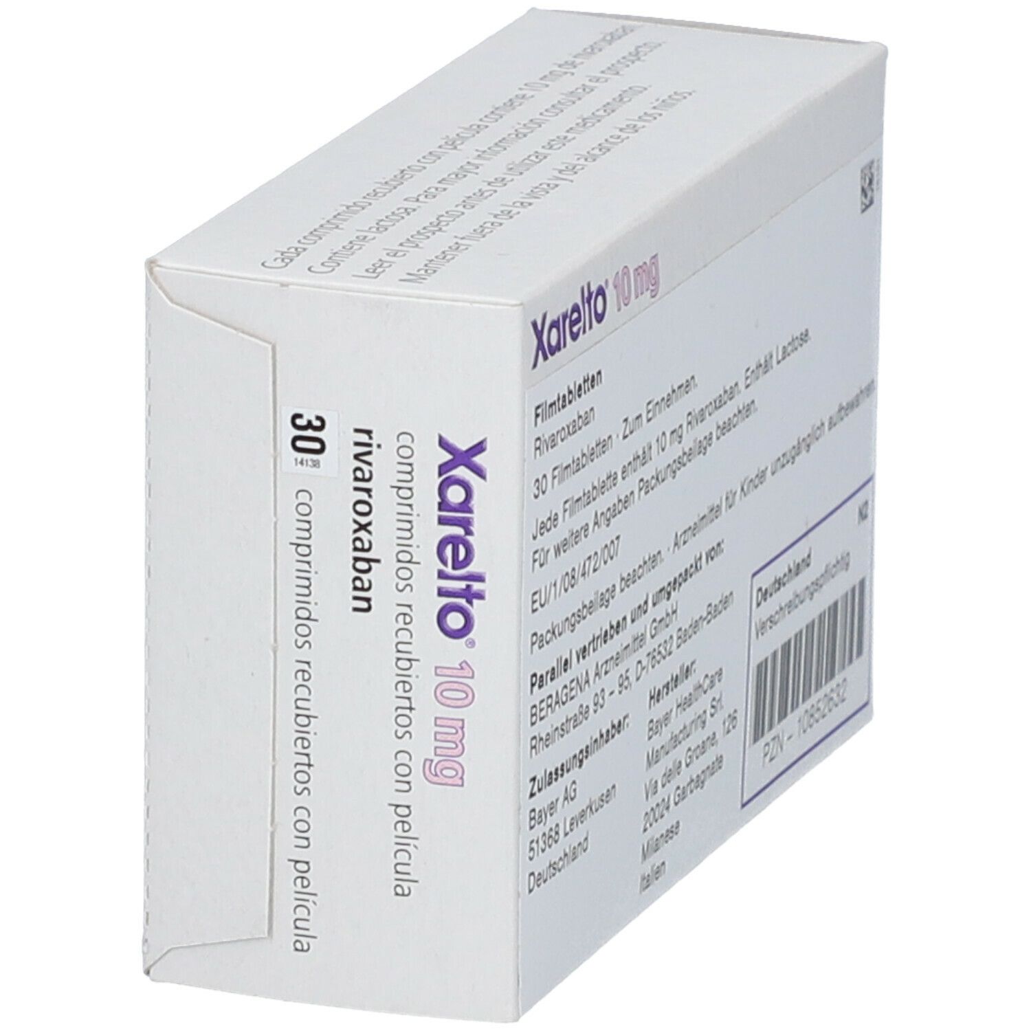 Schrägansicht der Xarelto 10 mg Packung. Enthält 30 Filmtabletten. Produktname und Dosierung deutlich sichtbar.