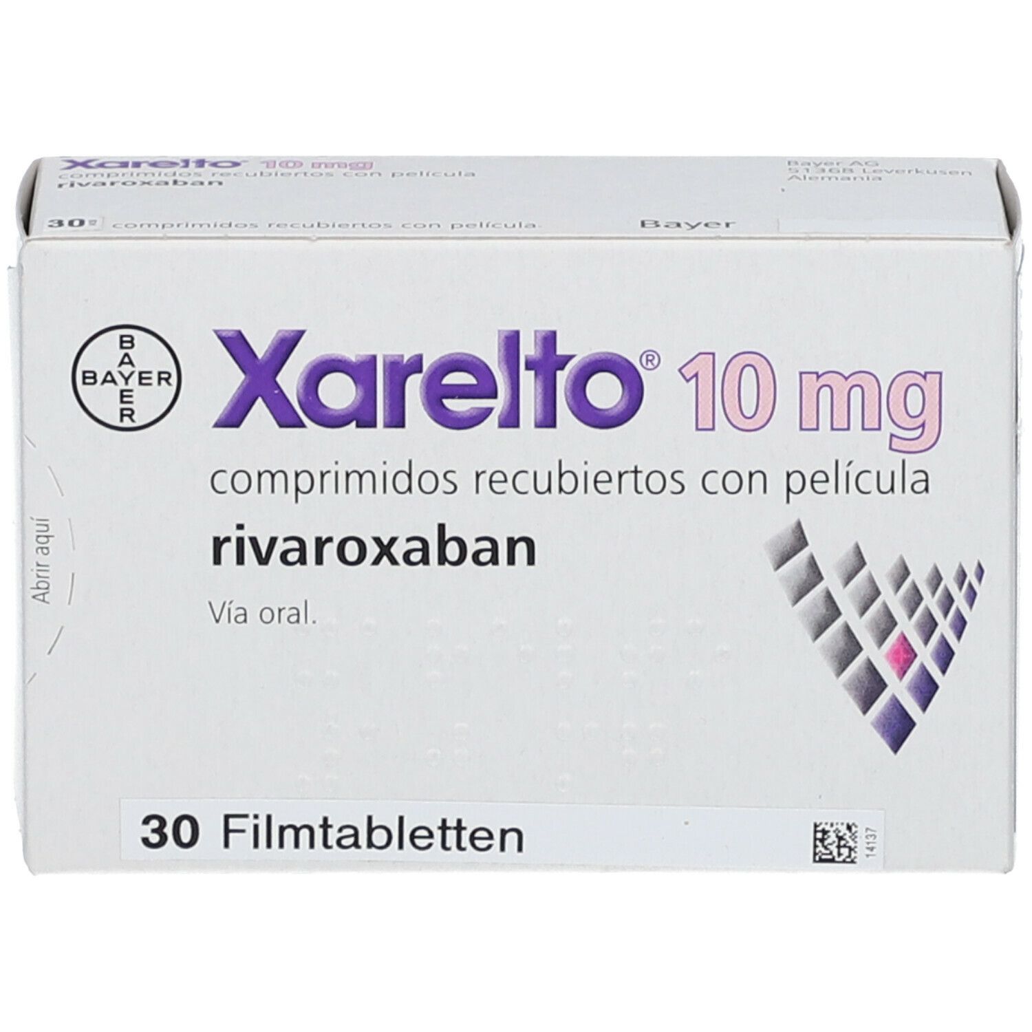 Vorderseite der Xarelto 10 mg Packung. Produktname, Dosierung und Anzahl der Tabletten deutlich sichtbar.