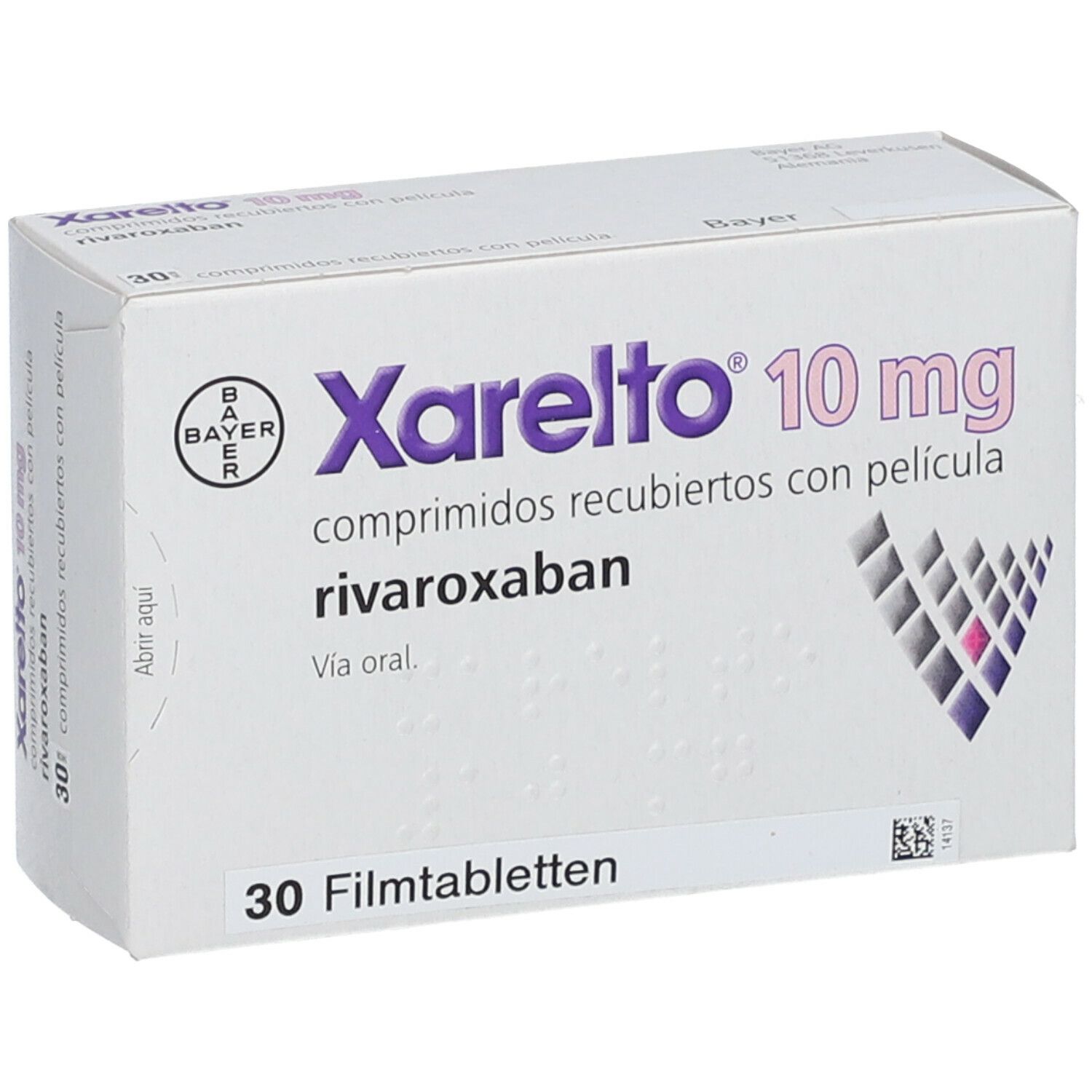 Vorderansicht der Xarelto 10 mg Packung. Produktname, Dosierung und Anzahl der Tabletten deutlich sichtbar.