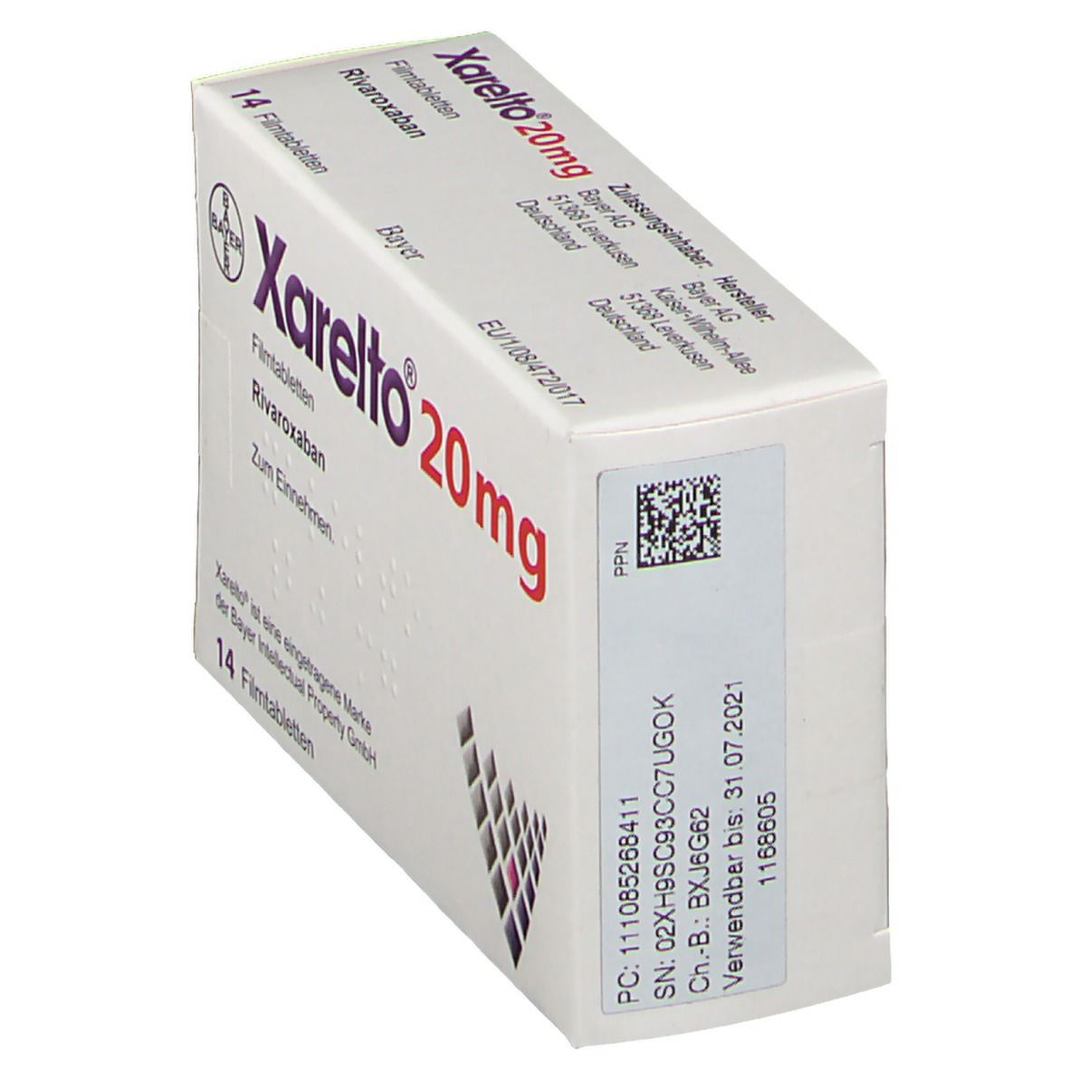 Schachtel Xarelto 20 mg, schräg. Bayer-Logo, Produktname und Informationen. 14 Tabletten. Weiße Verpackung mit roter und violetter Schrift.