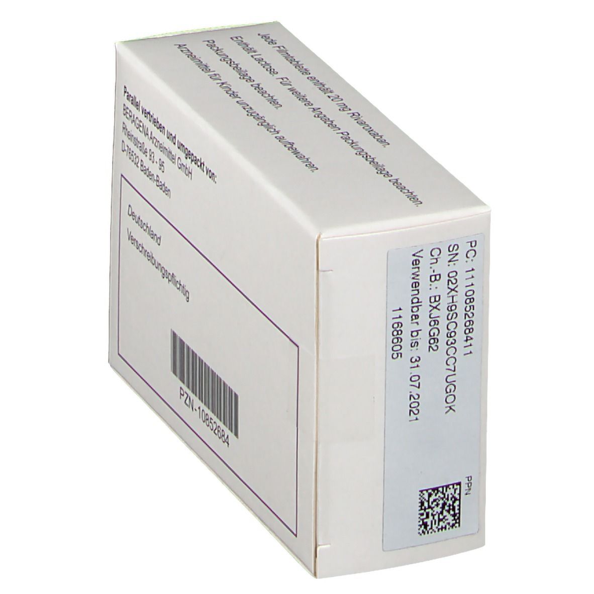 Rückseite der Xarelto 20 mg Schachtel. Produktinformationen, Barcode und Chargennummer. Weiße Verpackung mit schwarzer Schrift.