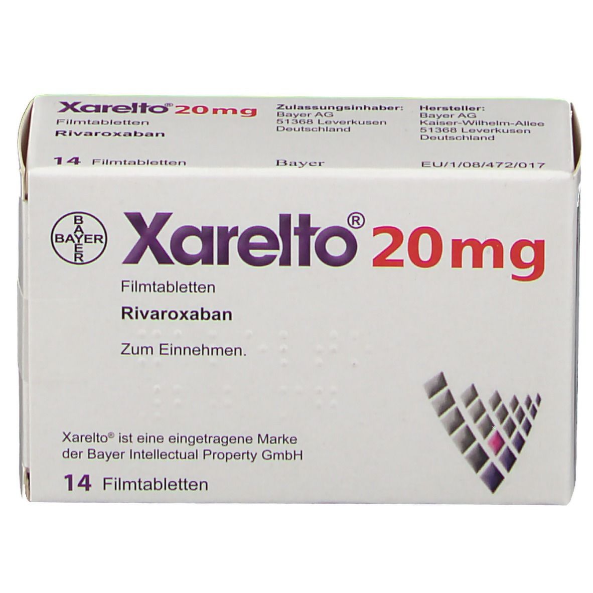 Schachtel mit Xarelto 20 mg Filmtabletten. Bayer-Logo und Produktinformationen. 14 Tabletten. Weiße Verpackung mit roter und violetter Schrift.