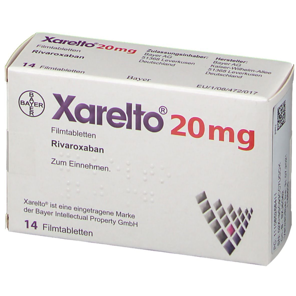 Schachtel mit Xarelto 20 mg Filmtabletten. Bayer-Logo und Produktinformationen. 14 Tabletten. Weiße Verpackung mit roter und violetter Schrift.