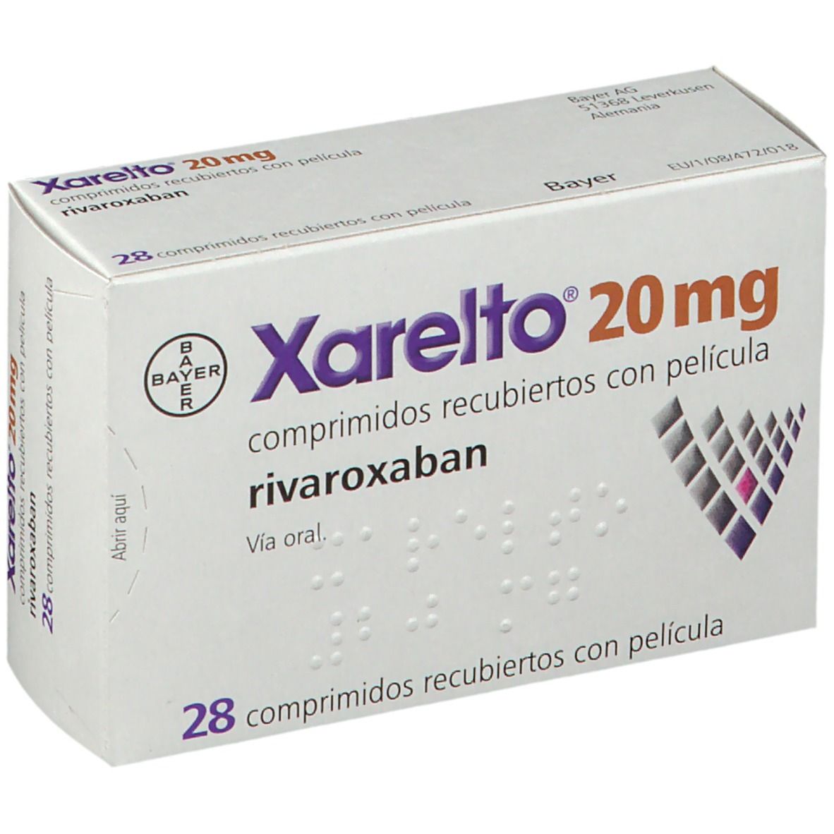 Schachtel mit Xarelto 20 mg Tabletten. Aufschrift: 28 Tabletten, rivaroxaban. Bayer-Logo.