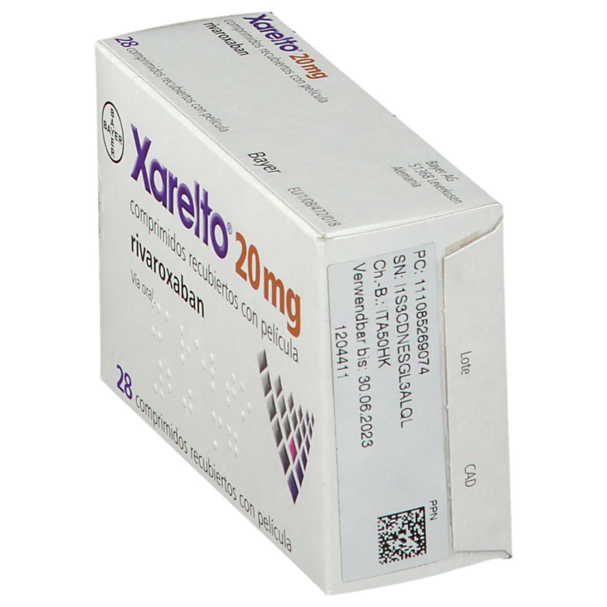 Schachtel Xarelto 20 mg, Seitenansicht. Aufschrift: 28 Tabletten, rivaroxaban. Bayer-Logo. Informationen.