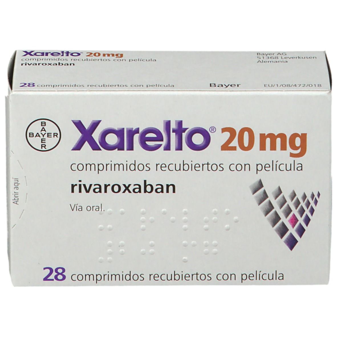 Schachtel mit Xarelto 20 mg Tabletten. Aufschrift: 28 Tabletten, rivaroxaban. Bayer-Logo.
