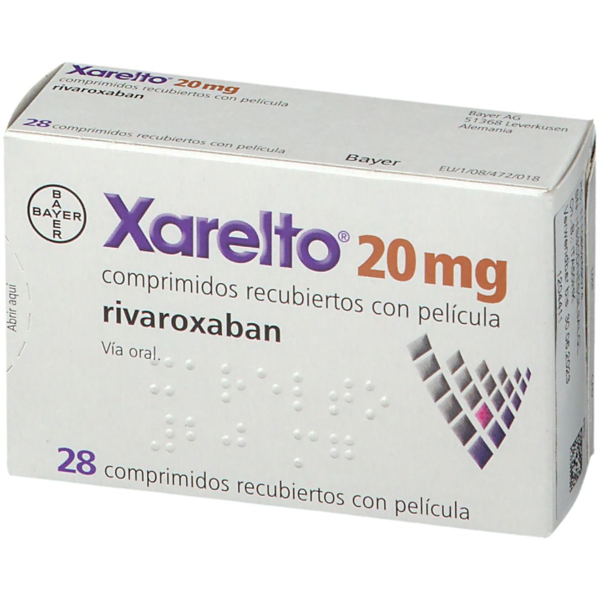 Schachtel mit Xarelto 20 mg Tabletten. Aufschrift: 28 Tabletten, rivaroxaban. Bayer-Logo.