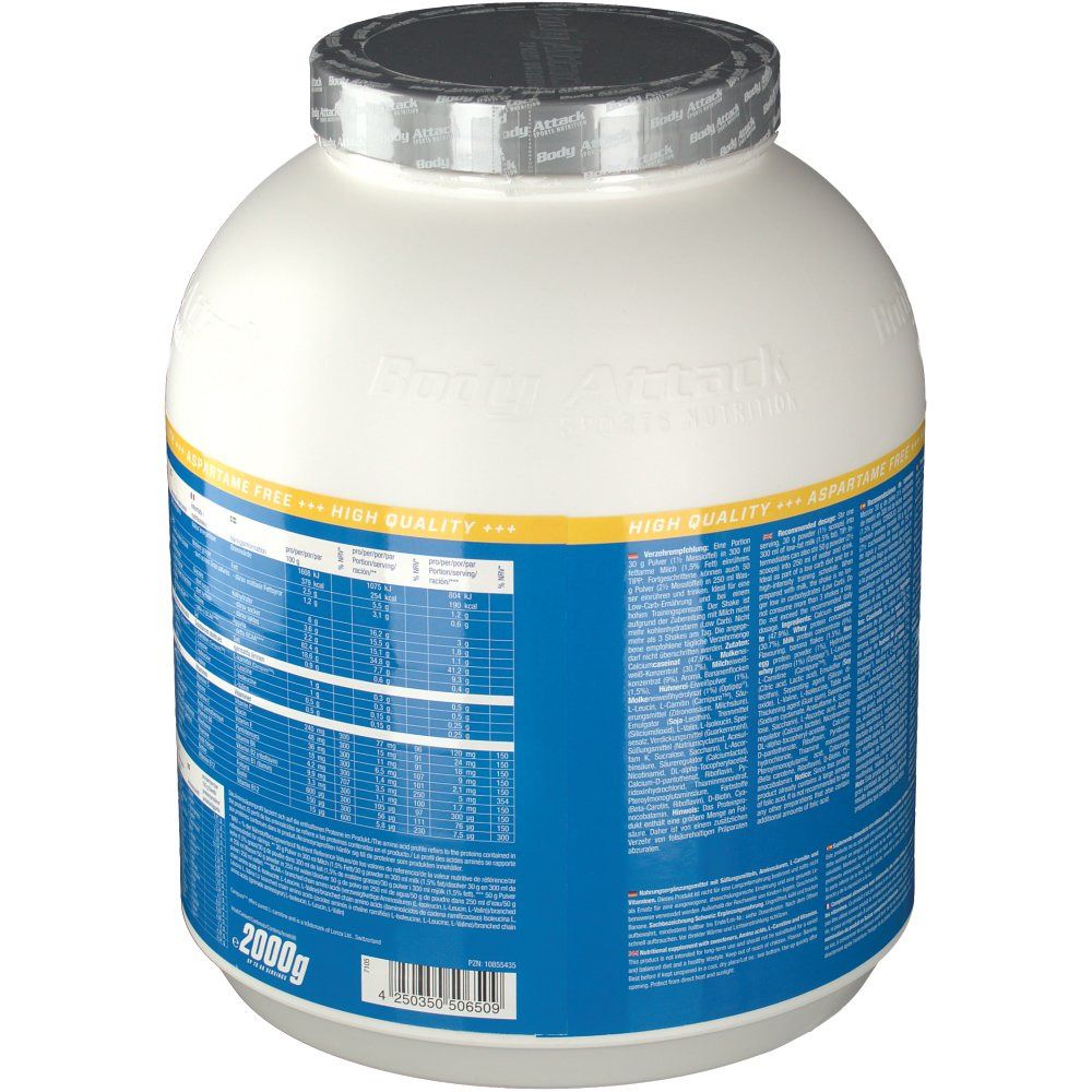 Weißer Behälter mit blauem Etikett. Rückseite mit Nährwertangaben. Deckel mit silberner Folie. Aufschrift: 2000g.
