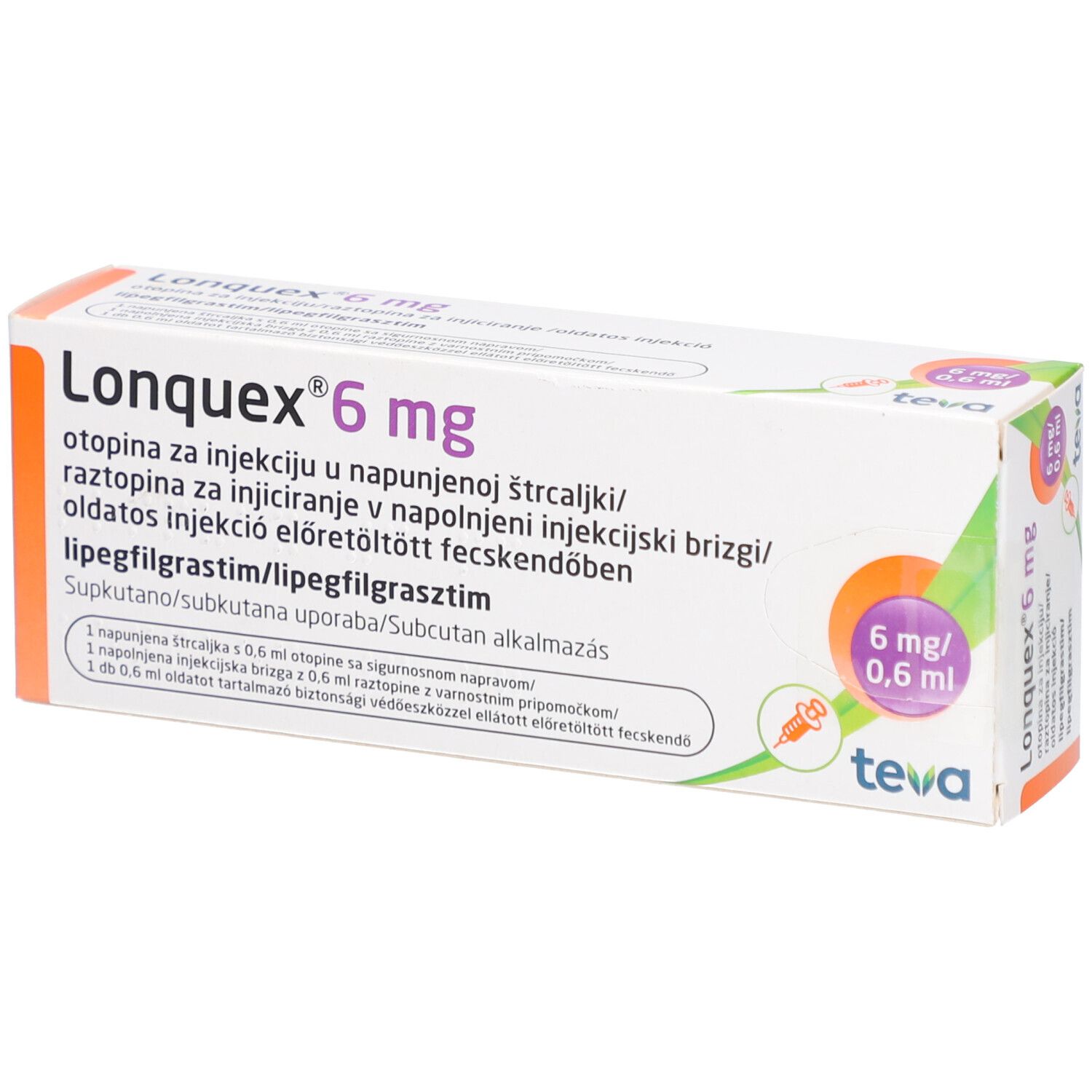 Weiße Schachtel mit LONQUEX 6 mg Aufschrift. Orangefarbener Kreis mit 6 mg/0,6 ml. Teva-Logo.