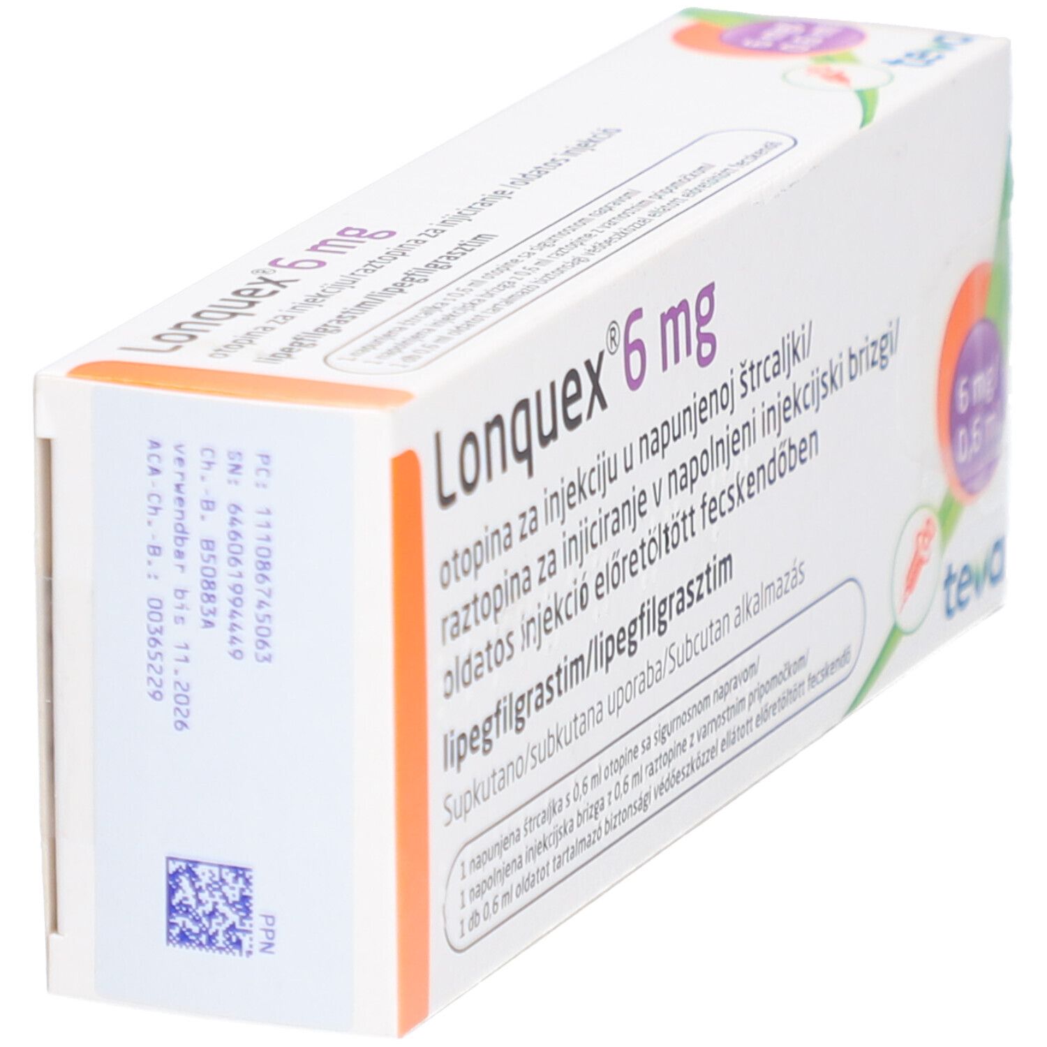 Schachtel LONQUEX 6 mg, schräg von oben. Text und Logo Teva. Aufdrucke mit Chargennummer und Verfallsdatum.