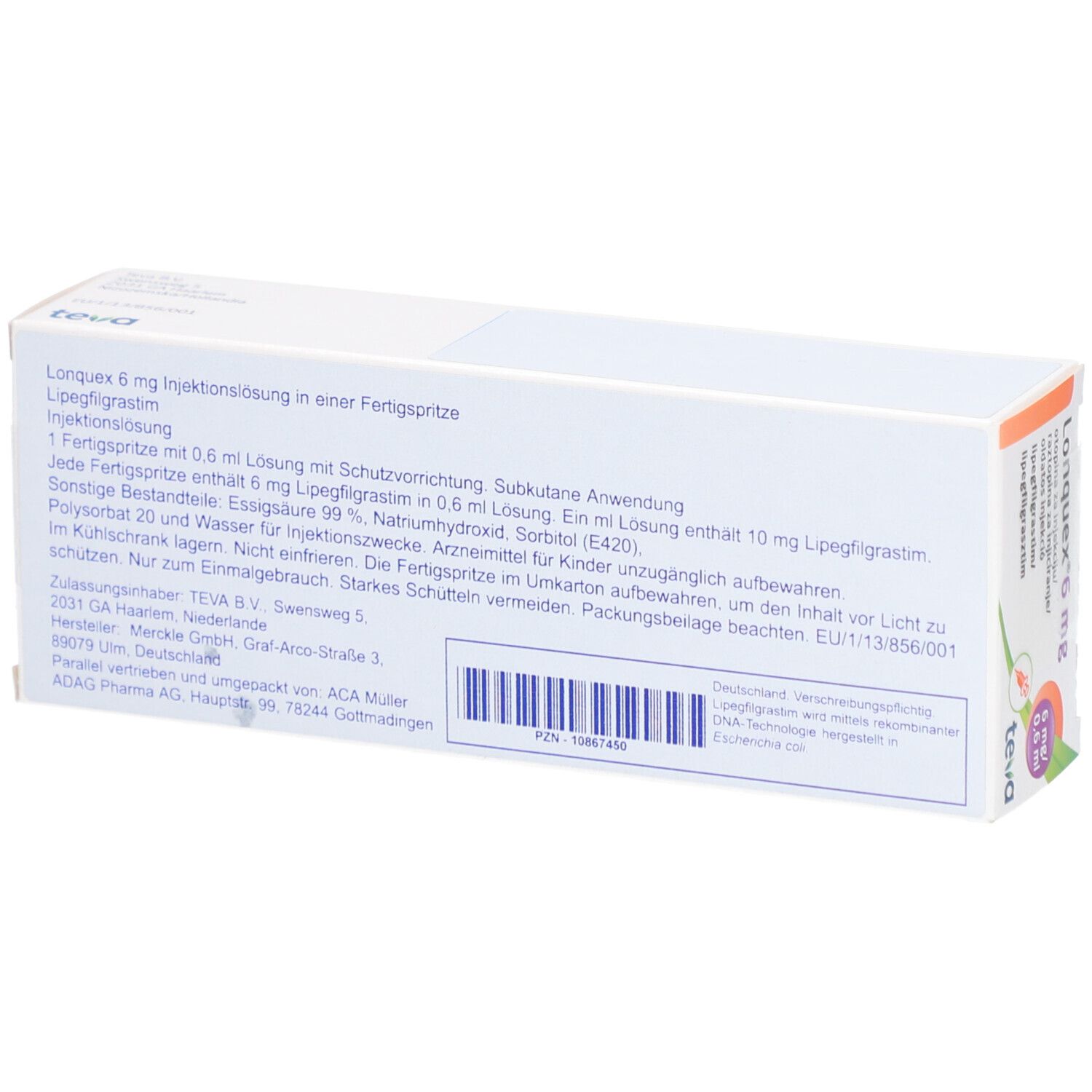 Rückseite der Schachtel LONQUEX 6 mg. Text in mehreren Sprachen. Teva-Logo. PZN-Code.