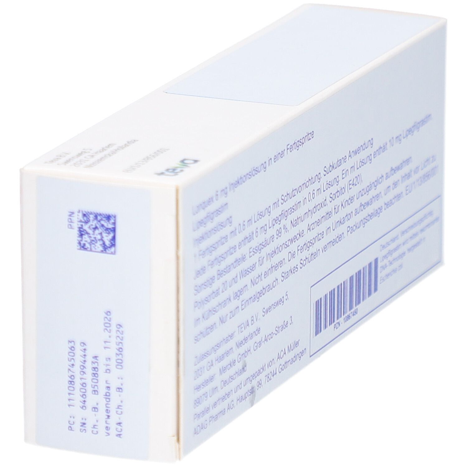 Schachtel LONQUEX 6 mg, Rückseite. Text und Logo Teva. Chargennummer und Verfallsdatum.