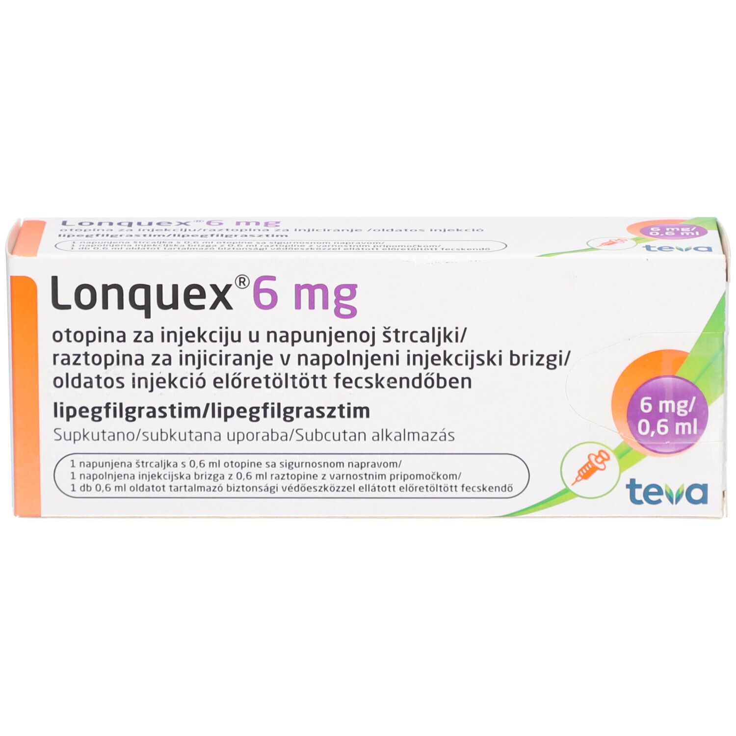 Weiße Schachtel mit LONQUEX 6 mg Aufschrift. Orangefarbener Kreis mit 6 mg/0,6 ml. Teva-Logo.