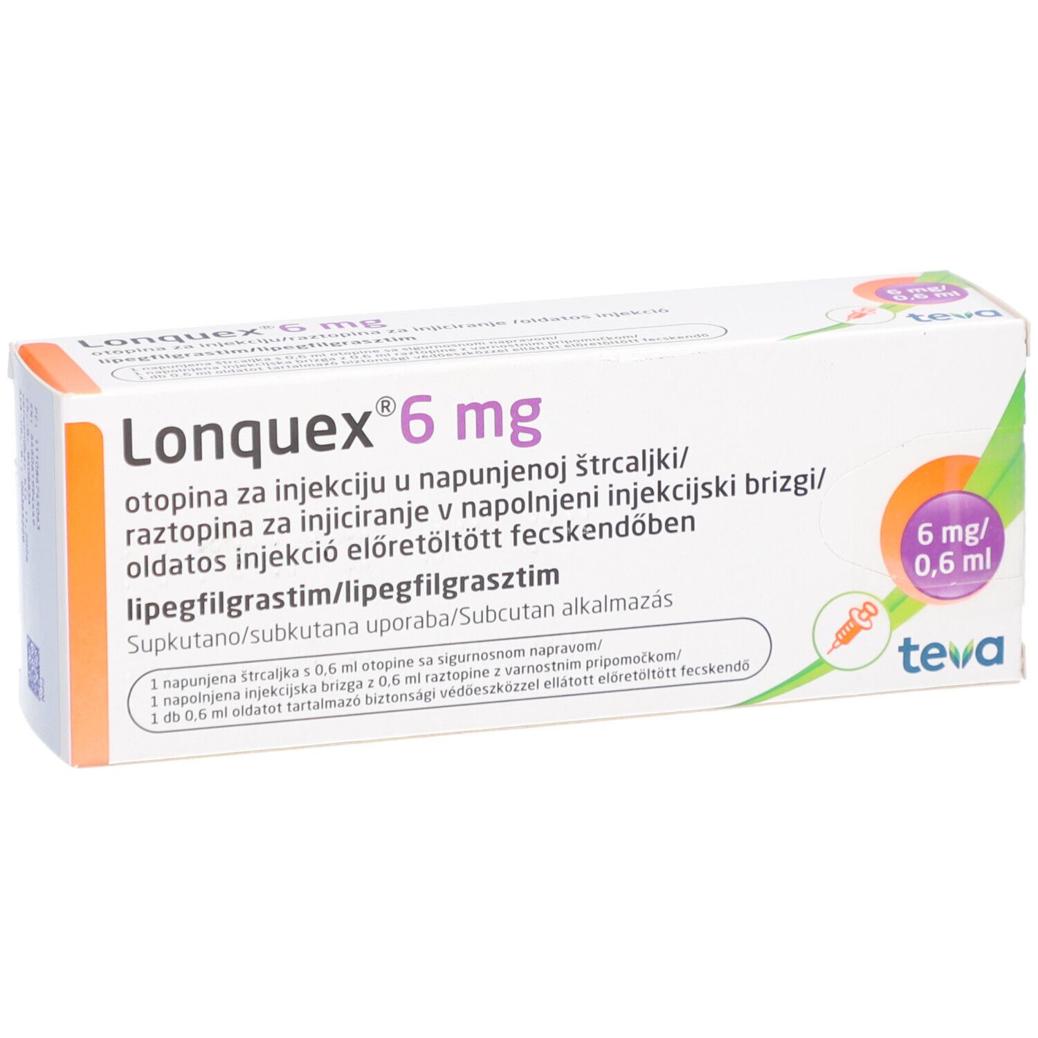 Weiße Schachtel mit LONQUEX 6 mg Aufschrift. Orangefarbener Kreis mit 6 mg/0,6 ml. Teva-Logo.