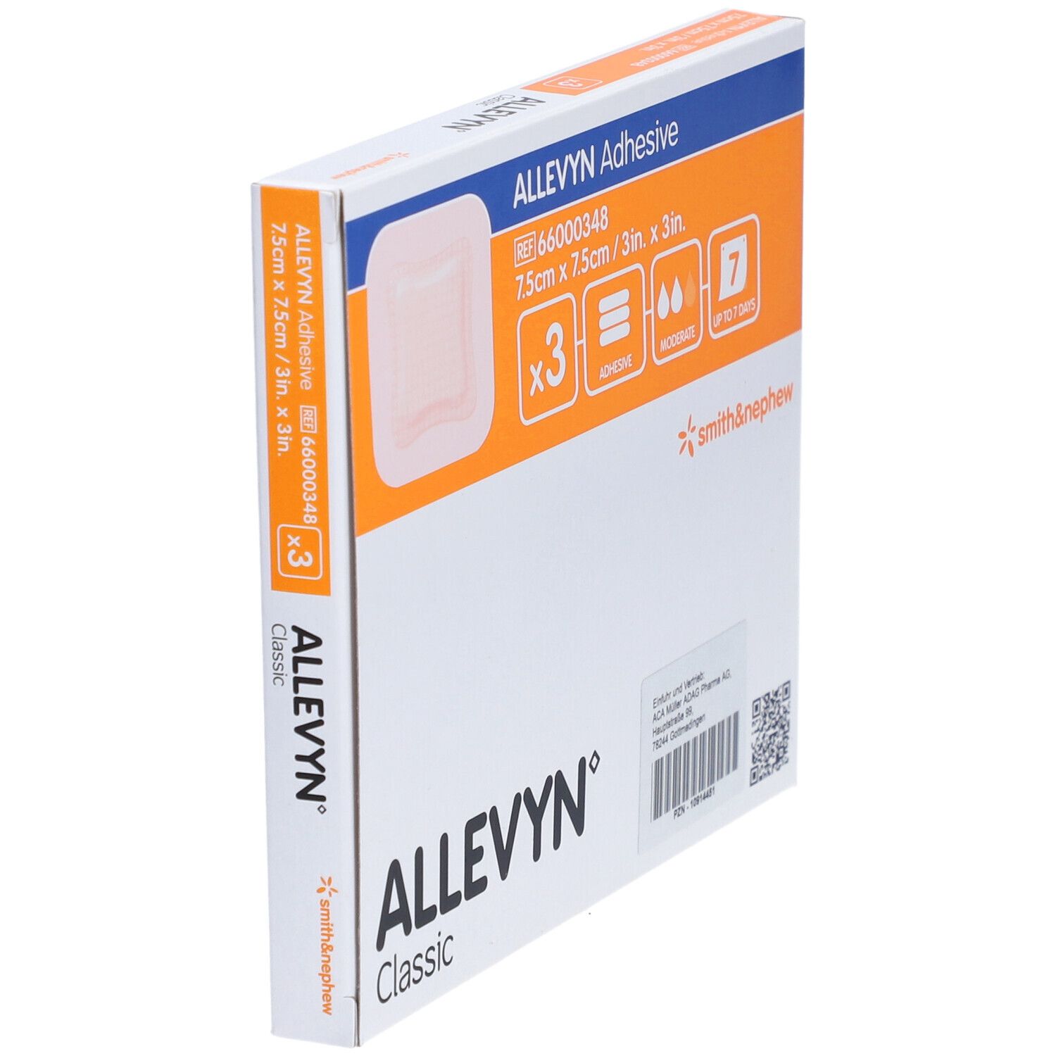 Packung ALLEVYN Classic Klebeverband, 7,5cm x 7,5cm, 3 Stück.