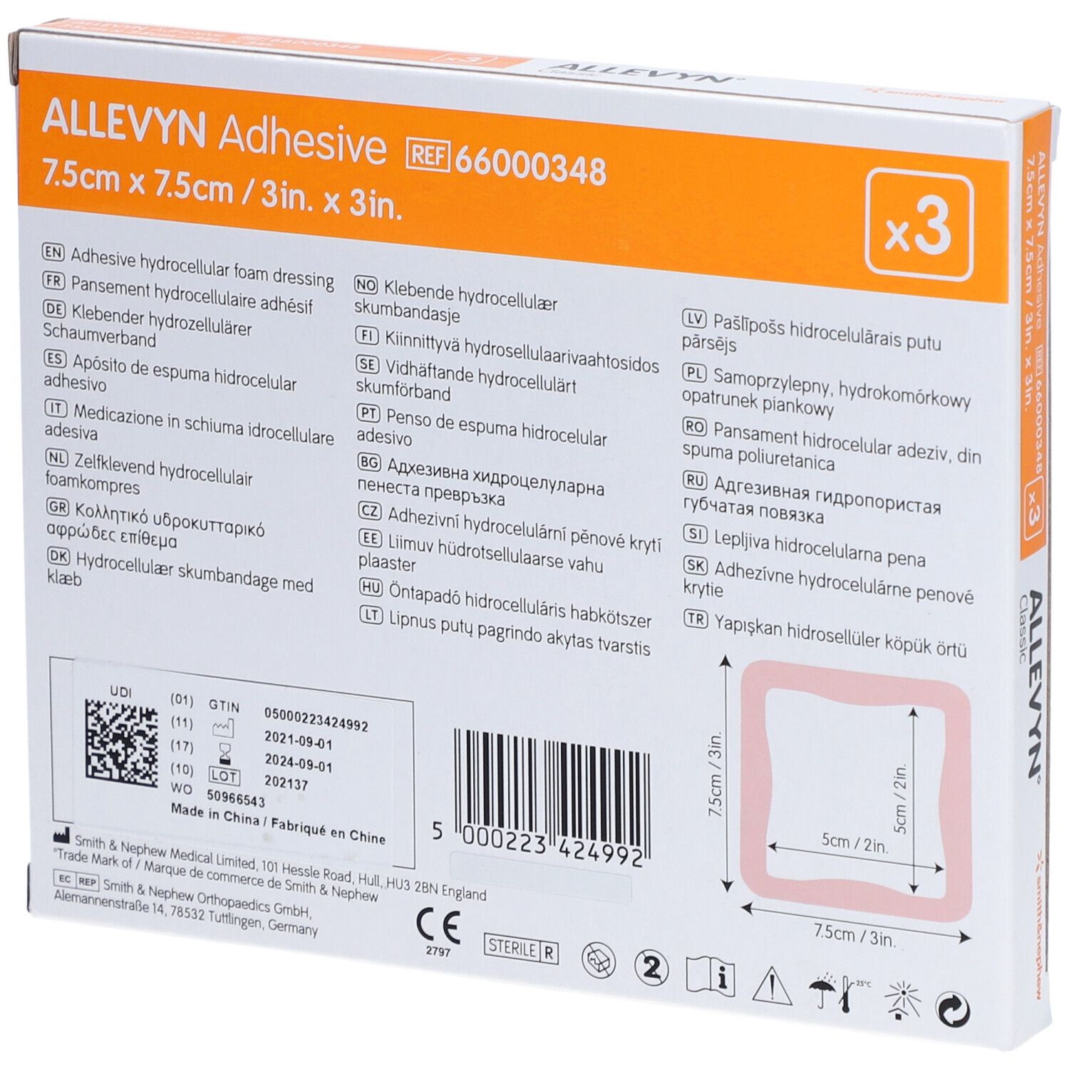 Allevyn Adhesive 7,5x7,5 cm haftende Wundauflage 3 St Verband