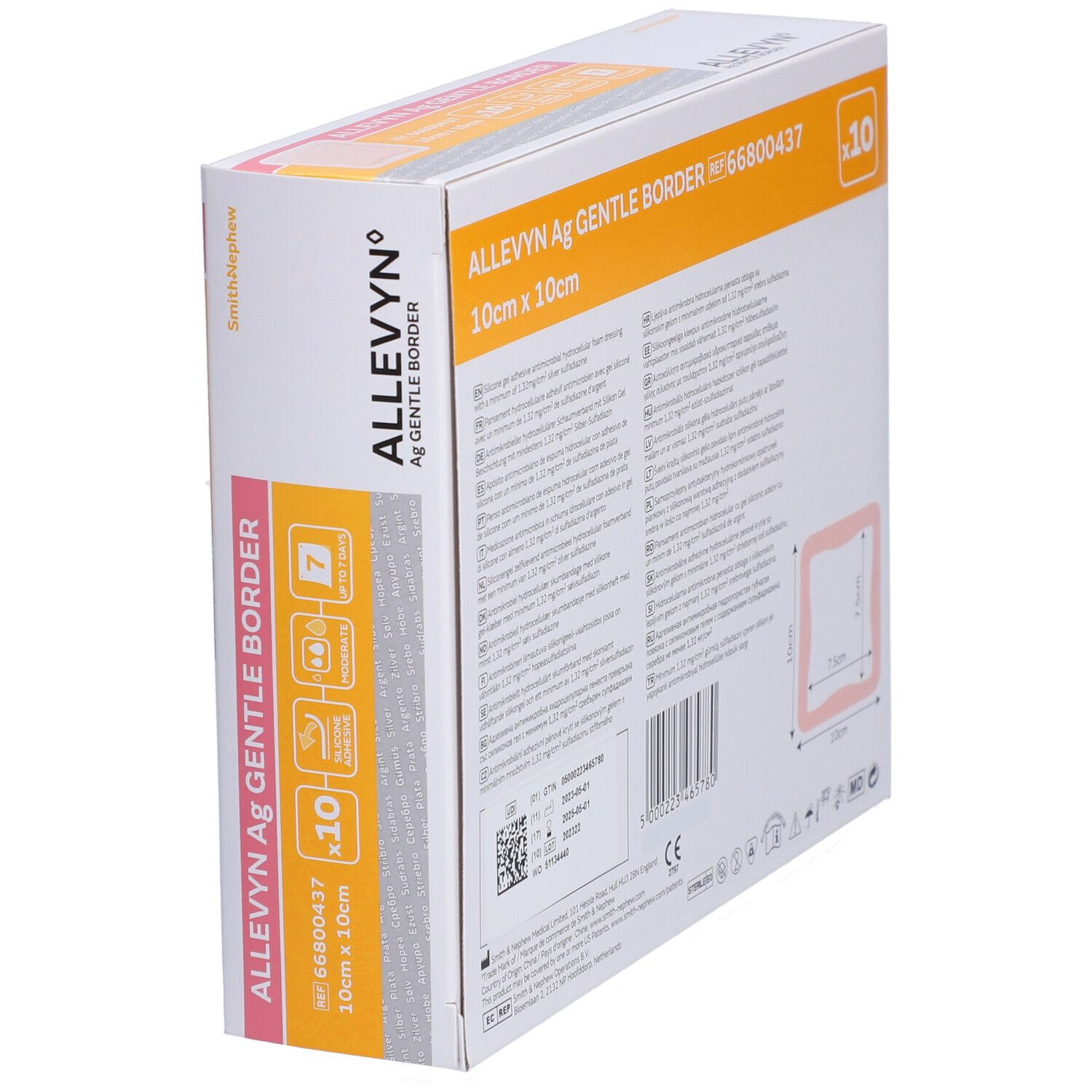 ALLEVYN Ag Gentle Border Verpackung. Zeigt eine Schachtel mit einem Verband von 10 x 10 cm. Enthält 10 Stück. Mit Silikonkleber.