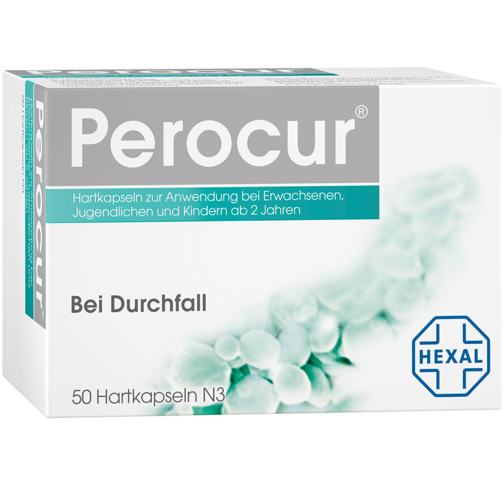Schachtel mit Perocur®. Aufschrift: Bei Durchfall. Enthält 50 Hartkapseln. Marke Hexal. Grün-weiße Verpackung.
