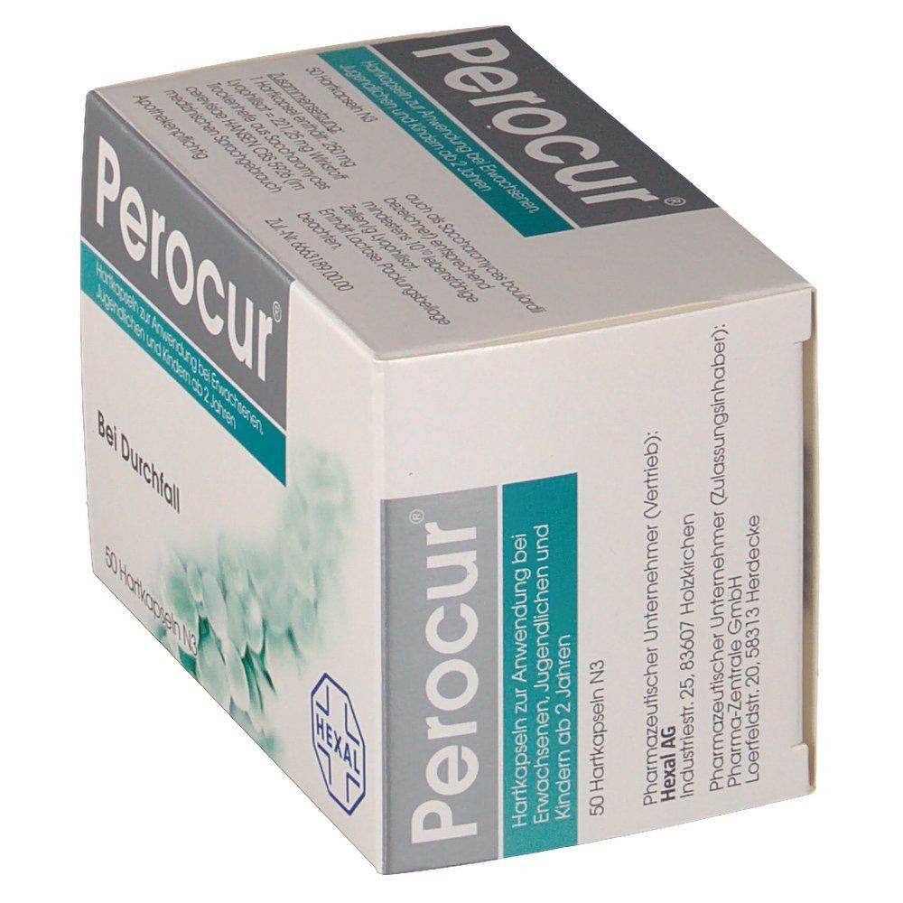 Schachtel Perocur® in Schrägansicht. Aufschrift: Bei Durchfall. Enthält 50 Hartkapseln. Marke Hexal. Grün-weiße Verpackung.