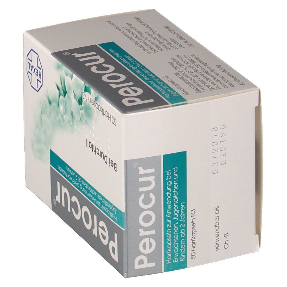 Schachtel Perocur® in Schrägansicht. Aufschrift: Bei Durchfall. Enthält 50 Hartkapseln. Marke Hexal. Grün-weiße Verpackung.