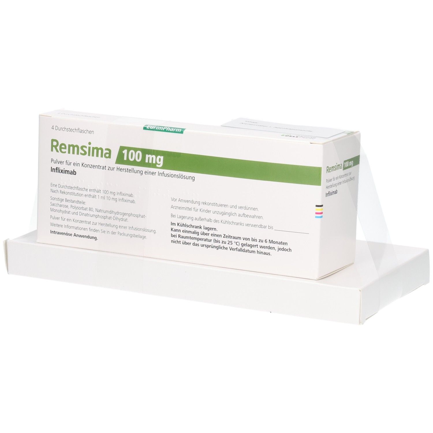 REMSIMA 100 mg Pulver für Infusionslösung in Faltschachtel mit 4 Durchstechflaschen.