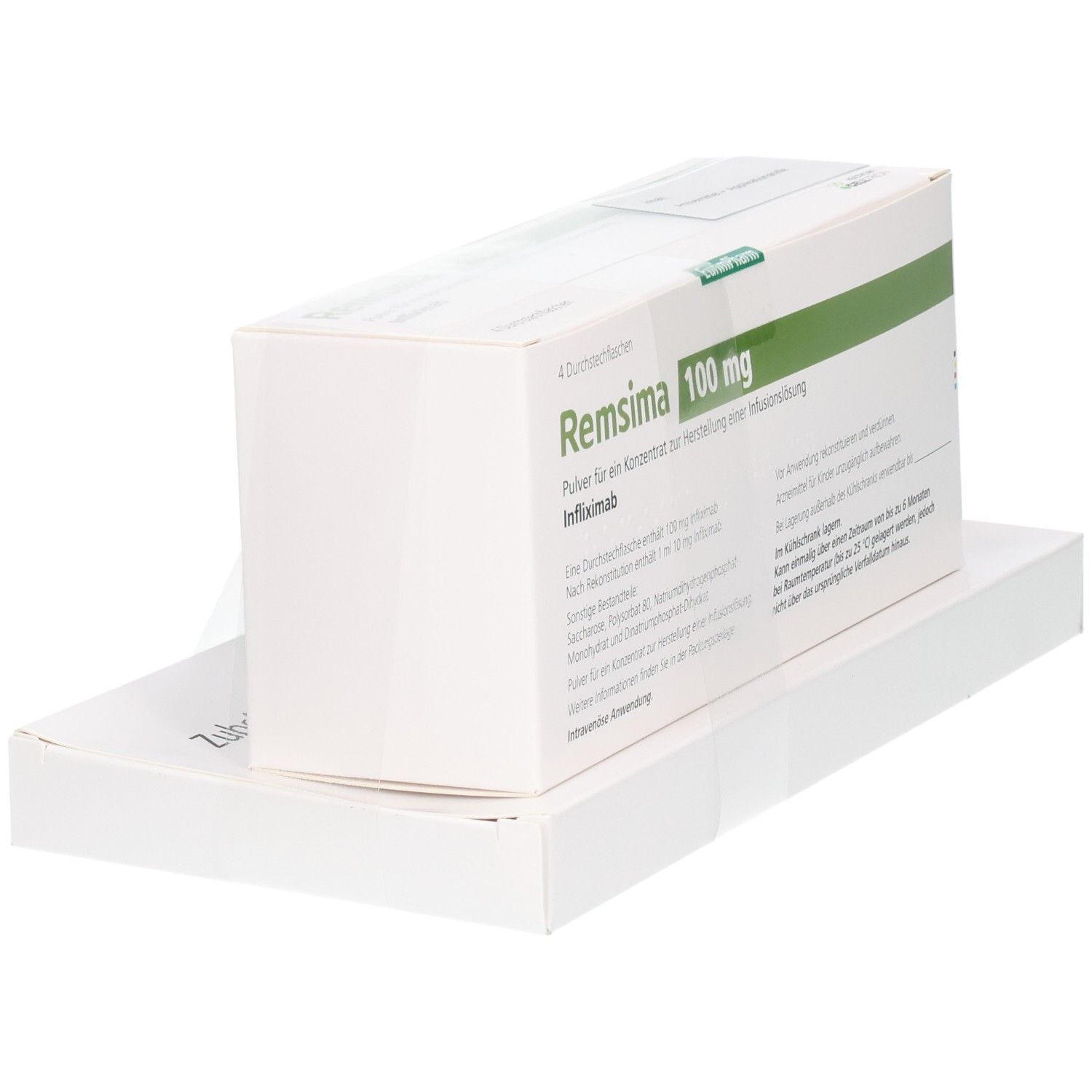 REMSIMA 100 mg Pulver für Infusionslösung, Seitenansicht der Faltschachtel.