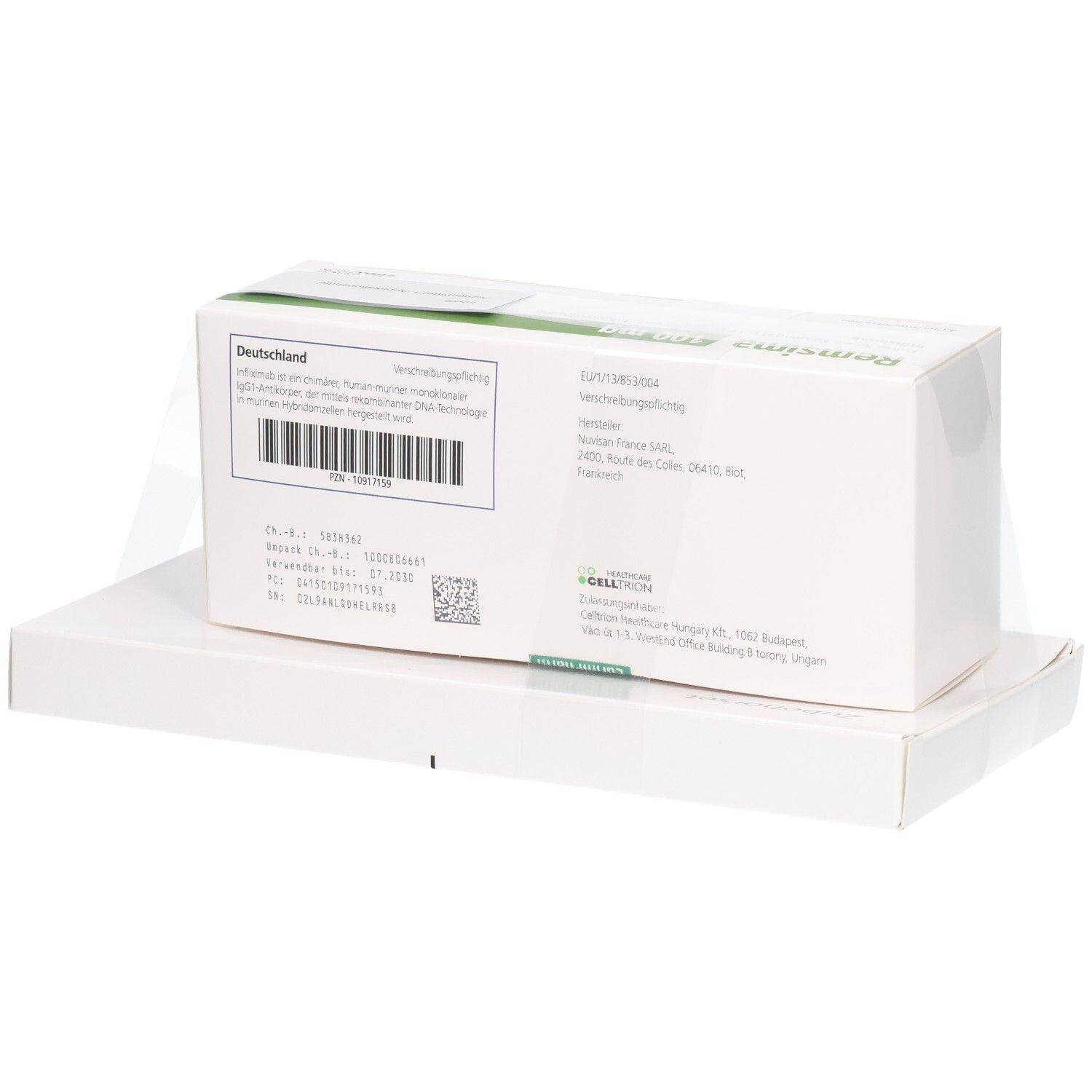 Rückseite der Faltschachtel REMSIMA 100 mg mit Barcode und Herstellerinformationen.