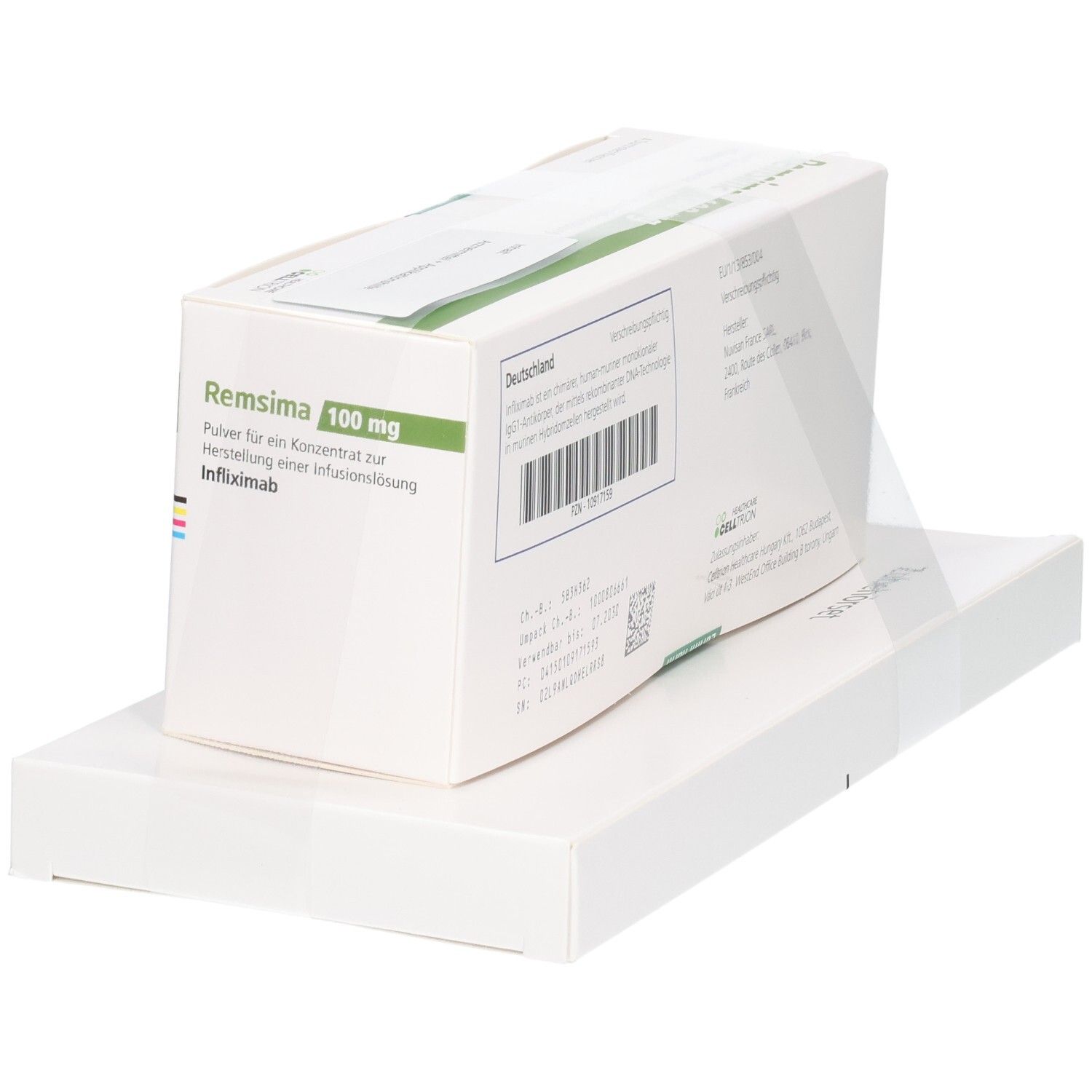 REMSIMA 100 mg Pulver für Infusionslösung, schräge Ansicht der Faltschachtel.