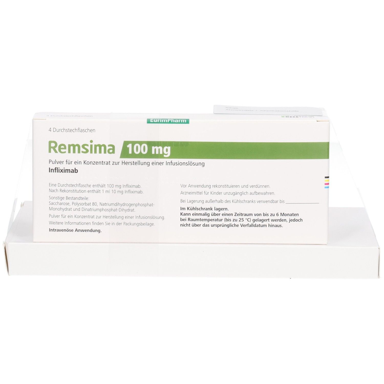 Vorderseite der Faltschachtel REMSIMA 100 mg mit Dosierung und Inhaltsstoffen.