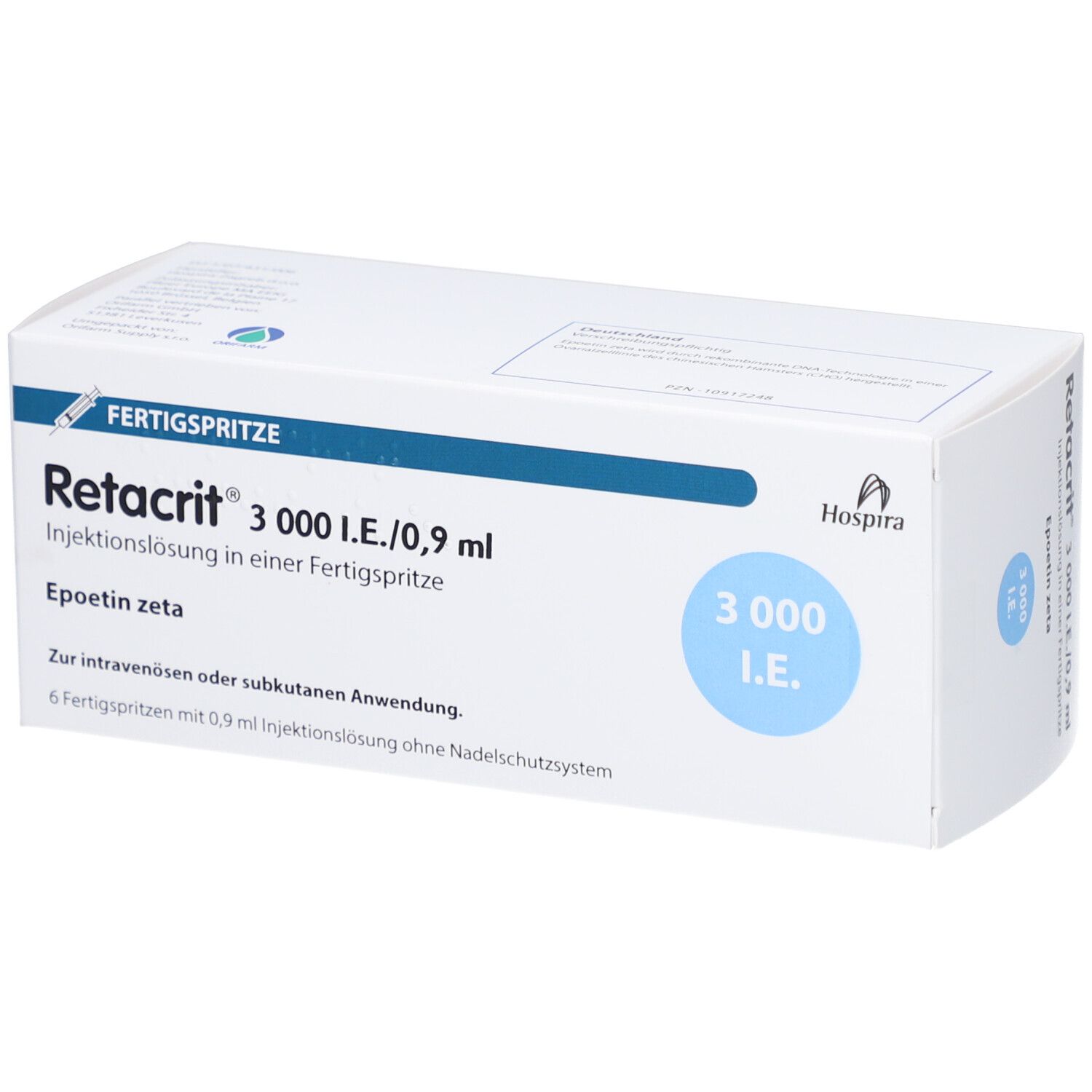 Weiße Verpackung von Retacrit 3.000 I.E./0,9 ml. Aufschrift: Injektionslösung in Fertigspritze. 6 Fertigspritzen.
