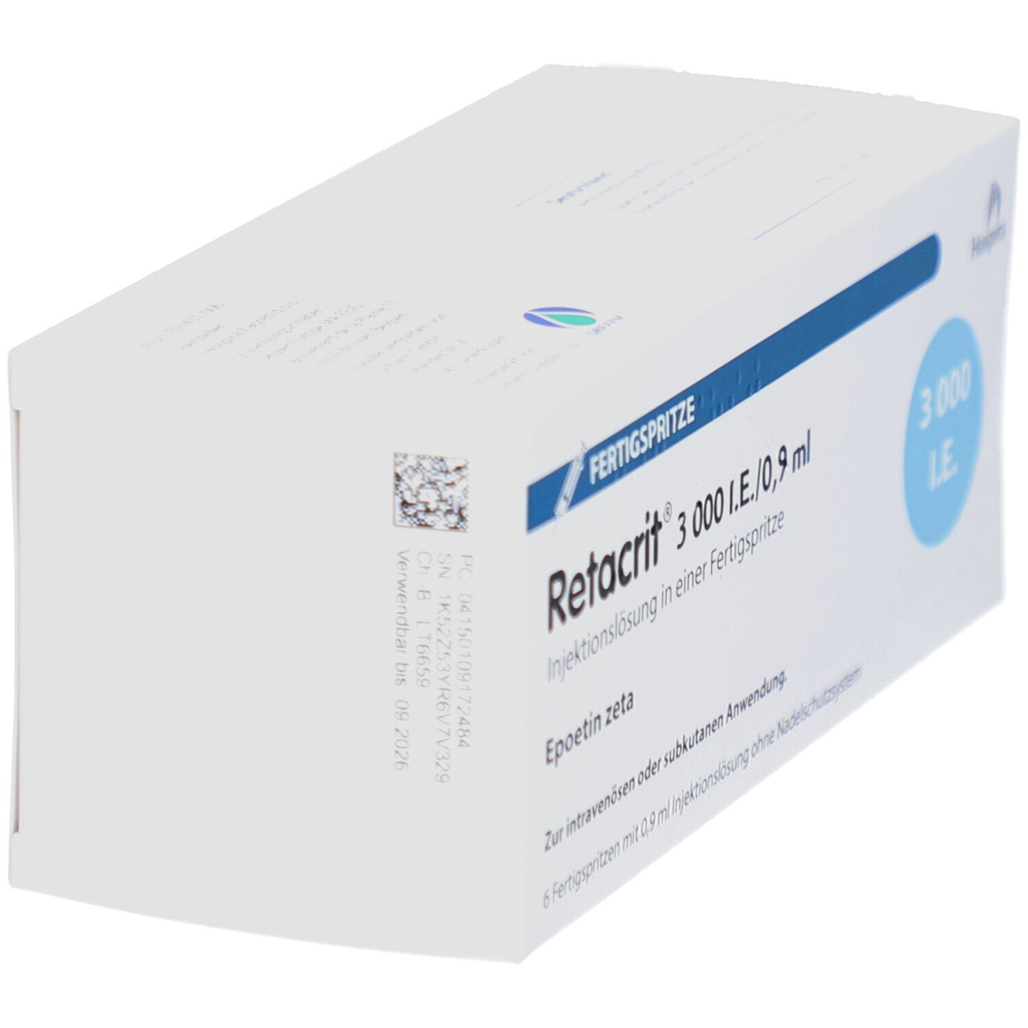 Weiße Verpackung von Retacrit 3.000 I.E./0,9 ml. Aufschrift: Injektionslösung in Fertigspritze. Barcode und Text.