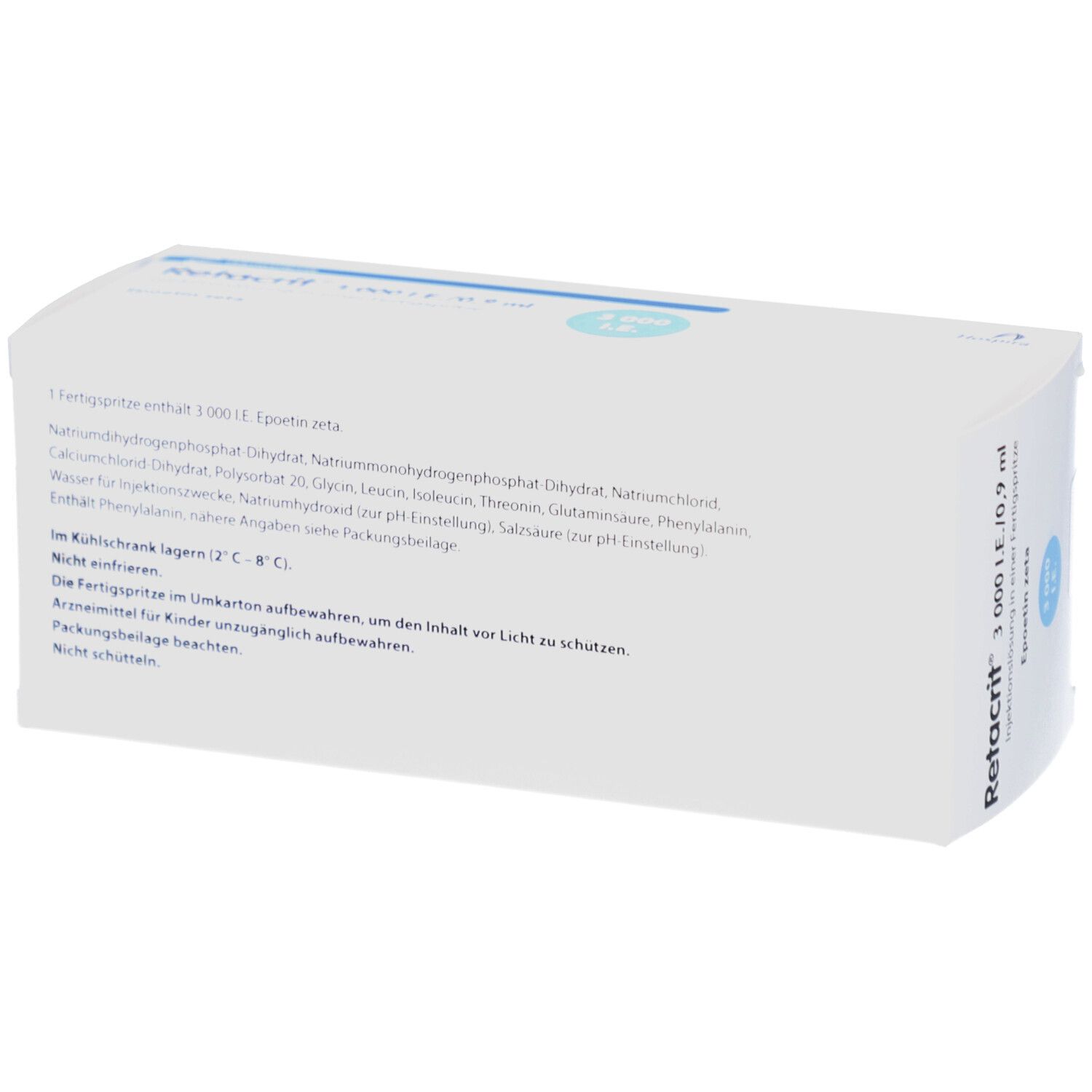 Rückseite der weißen Verpackung von Retacrit 3.000 I.E./0,9 ml. Text mit Inhaltsstoffen und Lagerhinweisen.