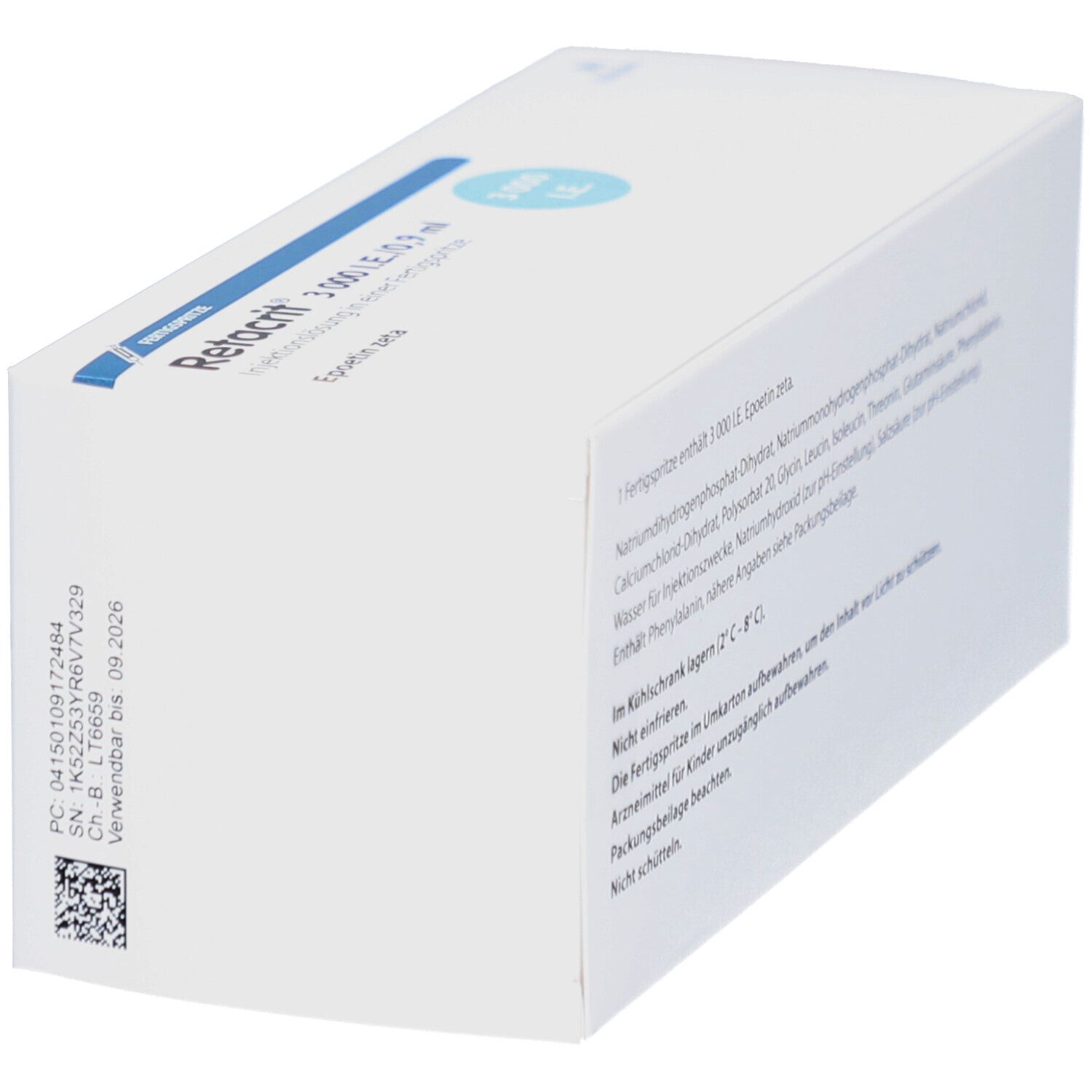 Weiße Verpackung von Retacrit 3.000 I.E./0,9 ml. Aufschrift: Injektionslösung in Fertigspritze. Text und Barcode.