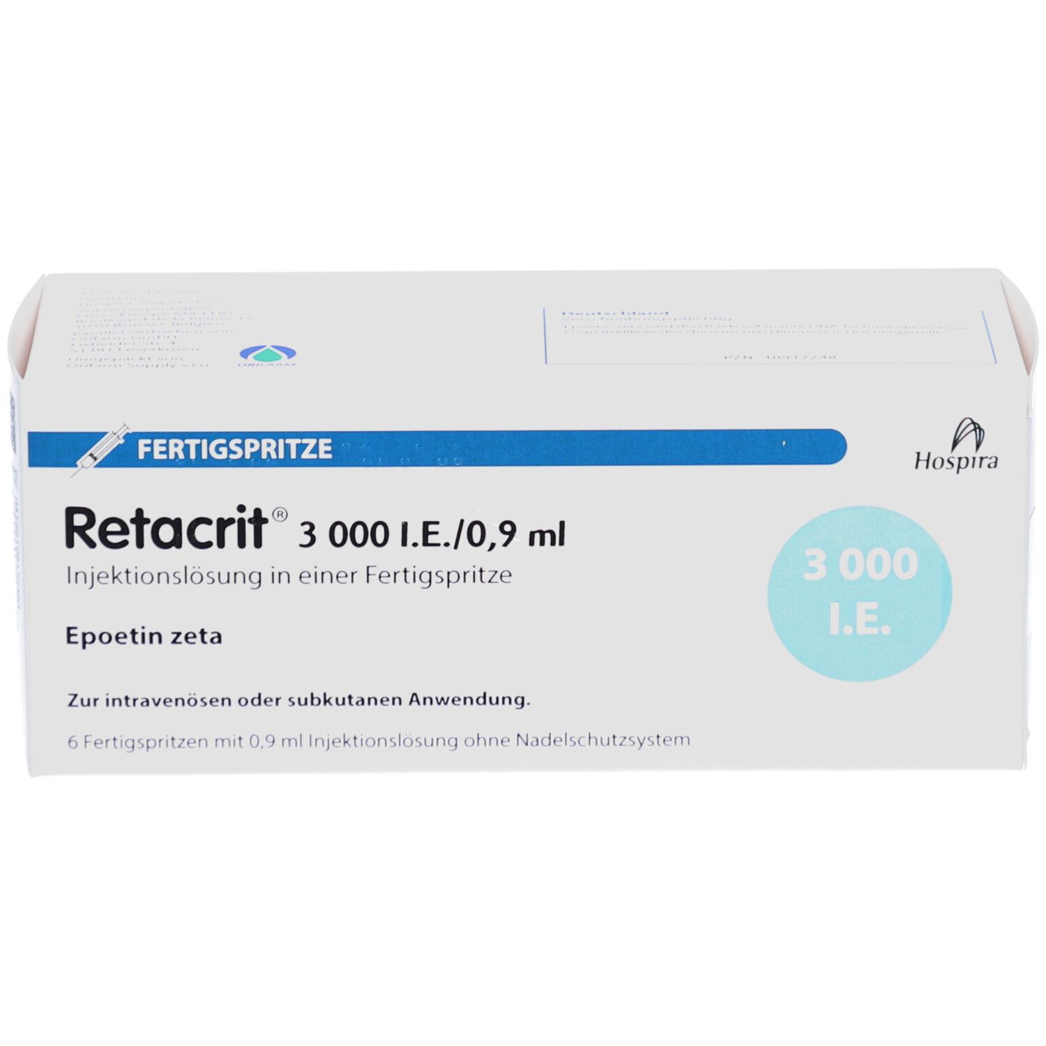 Weiße Verpackung von Retacrit 3.000 I.E./0,9 ml. Aufschrift: Injektionslösung in Fertigspritze. 6 Fertigspritzen.