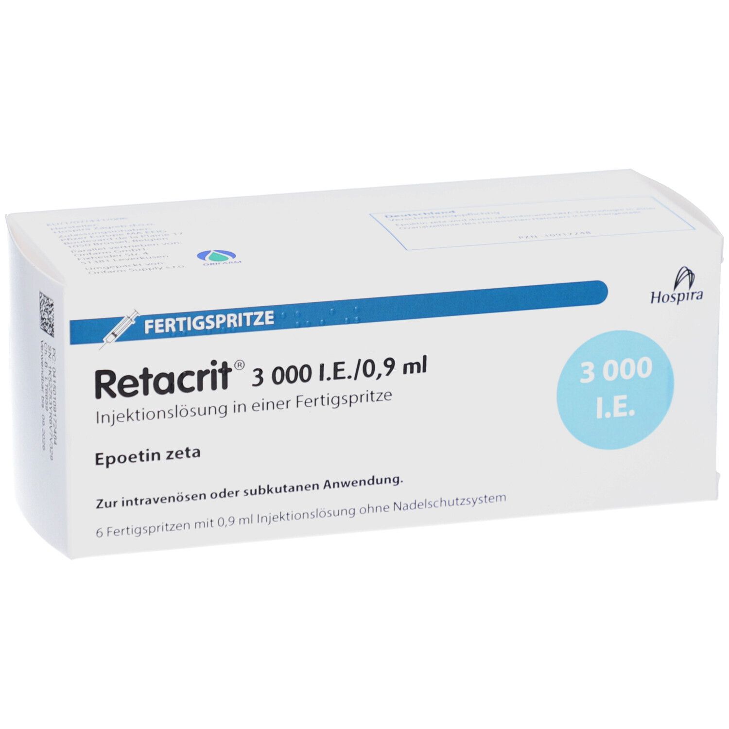 Weiße Verpackung von Retacrit 3.000 I.E./0,9 ml. Aufschrift: Injektionslösung in Fertigspritze. 6 Fertigspritzen.
