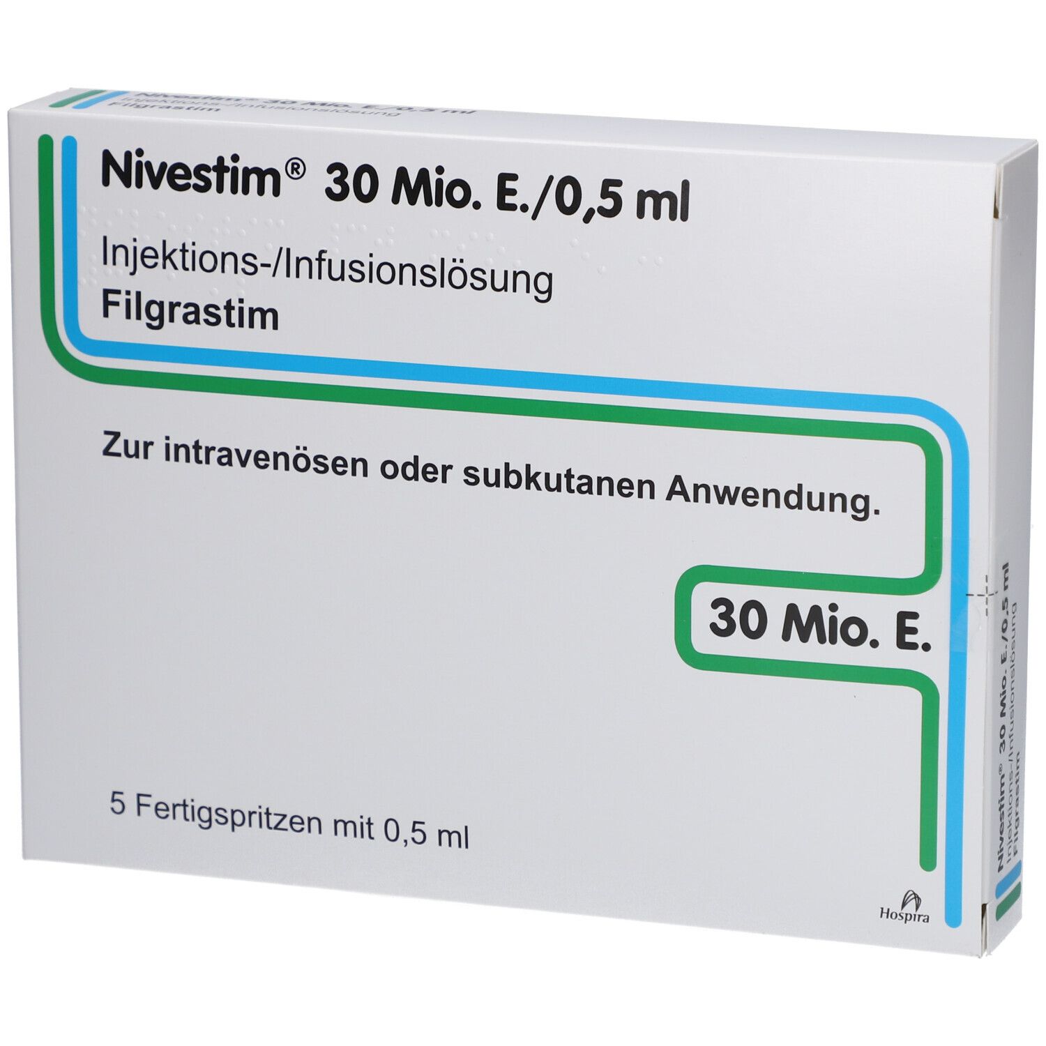 Weiße Schachtel mit grünen und blauen Linien. Aufschrift: Nivestim 30 Mio.E./0,5 ml. 5 Fertigspritzen mit 0,5 ml.