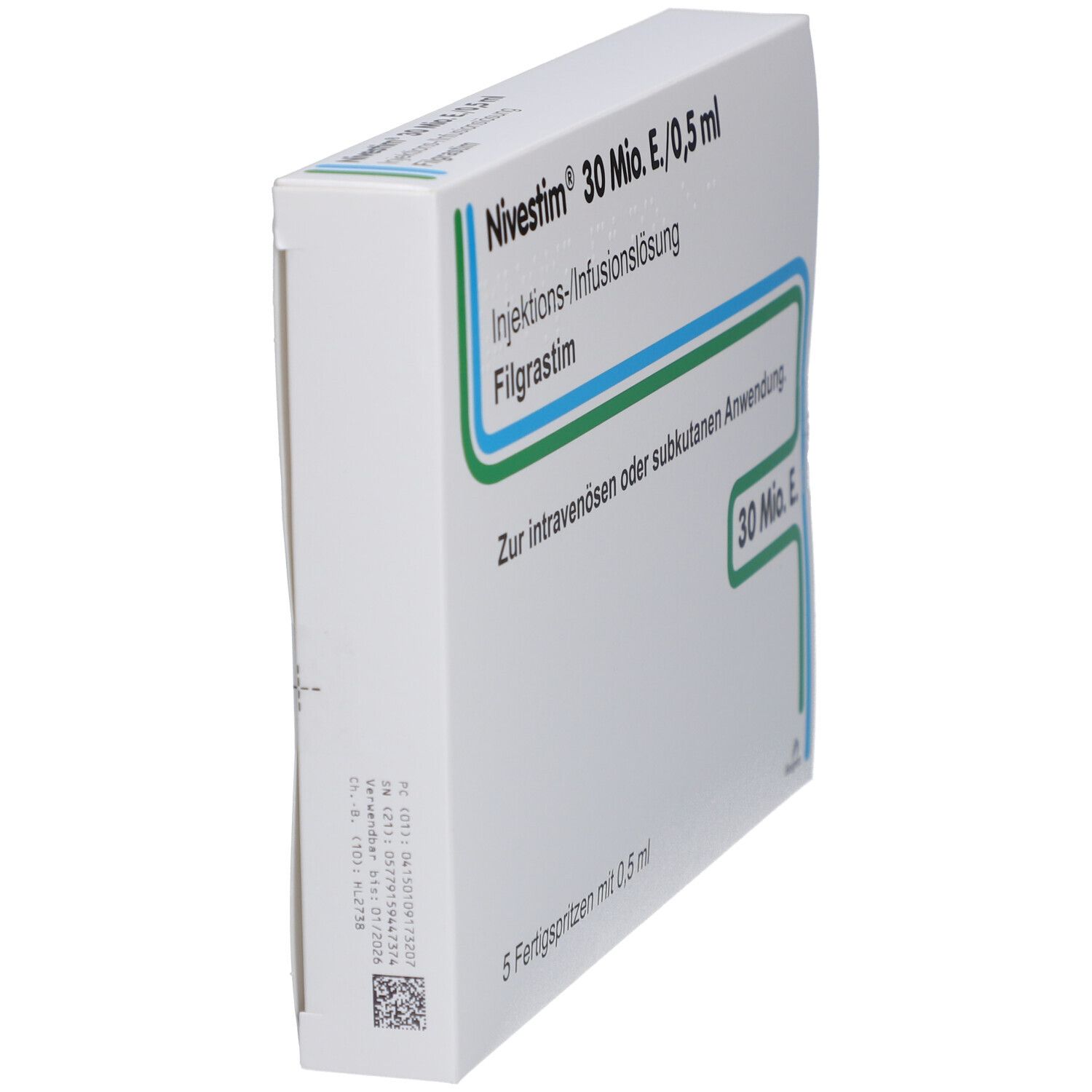 Weiße Schachtel, Seitenansicht. Aufschrift: Nivestim 30 Mio.E./0,5 ml. 5 Fertigspritzen mit 0,5 ml. Barcode und weitere Informationen.