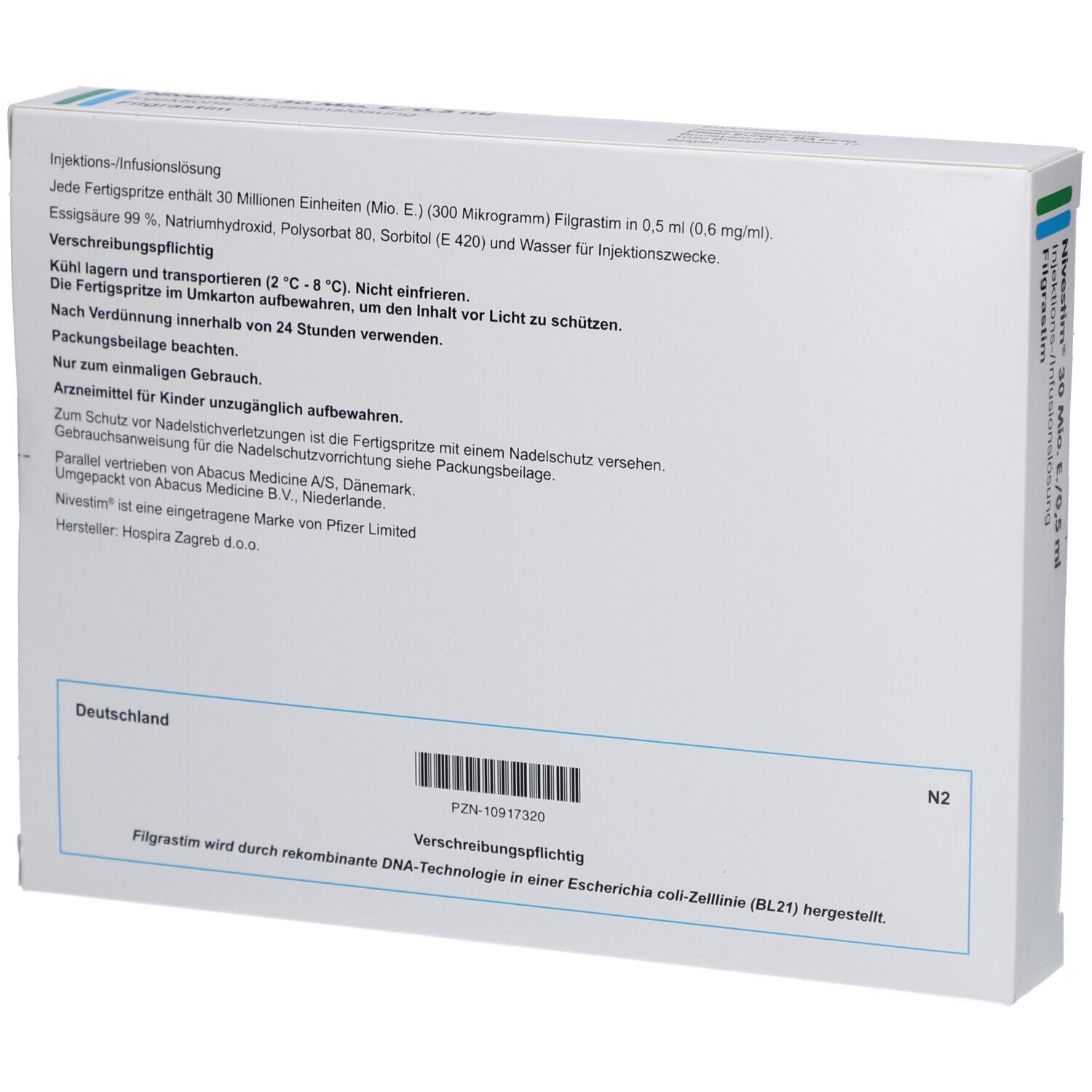 Rückseite der weißen Schachtel. Textinformationen, Barcode, Herstellerinformationen und weitere Details.