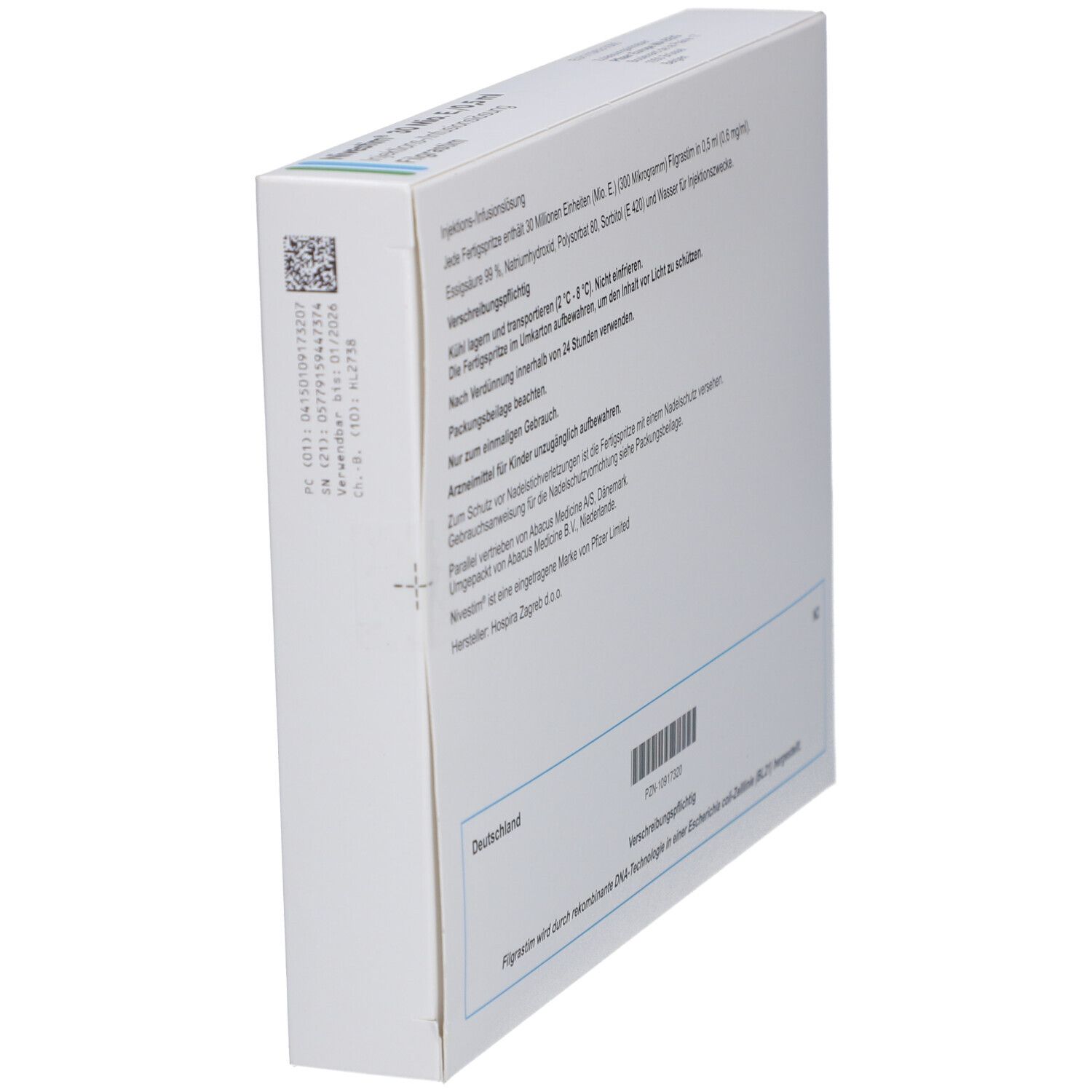 Seitenansicht der weißen Schachtel. Textinformationen, Barcode, Herstellerinformationen und weitere Details.