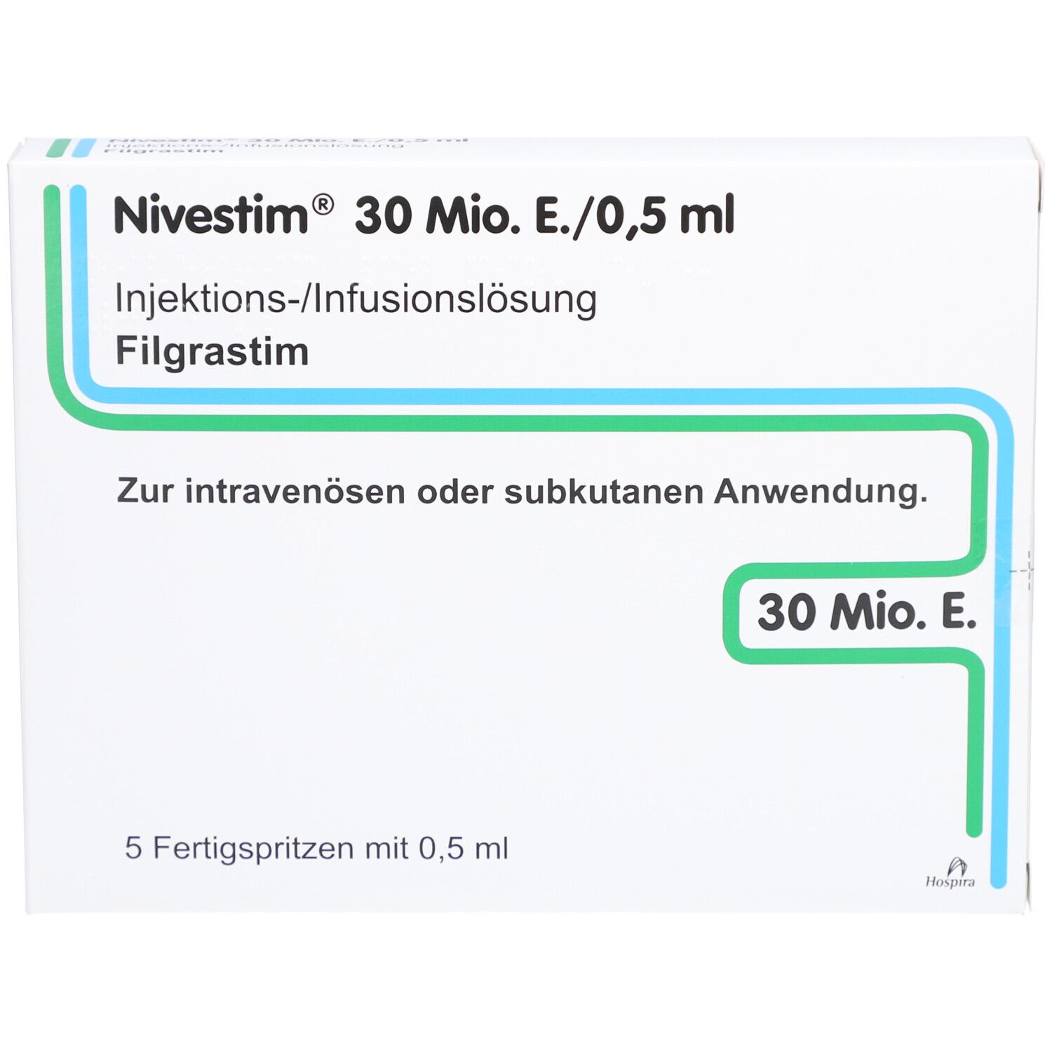 Weiße Schachtel mit grünen und blauen Linien. Aufschrift: Nivestim 30 Mio.E./0,5 ml. 5 Fertigspritzen mit 0,5 ml.